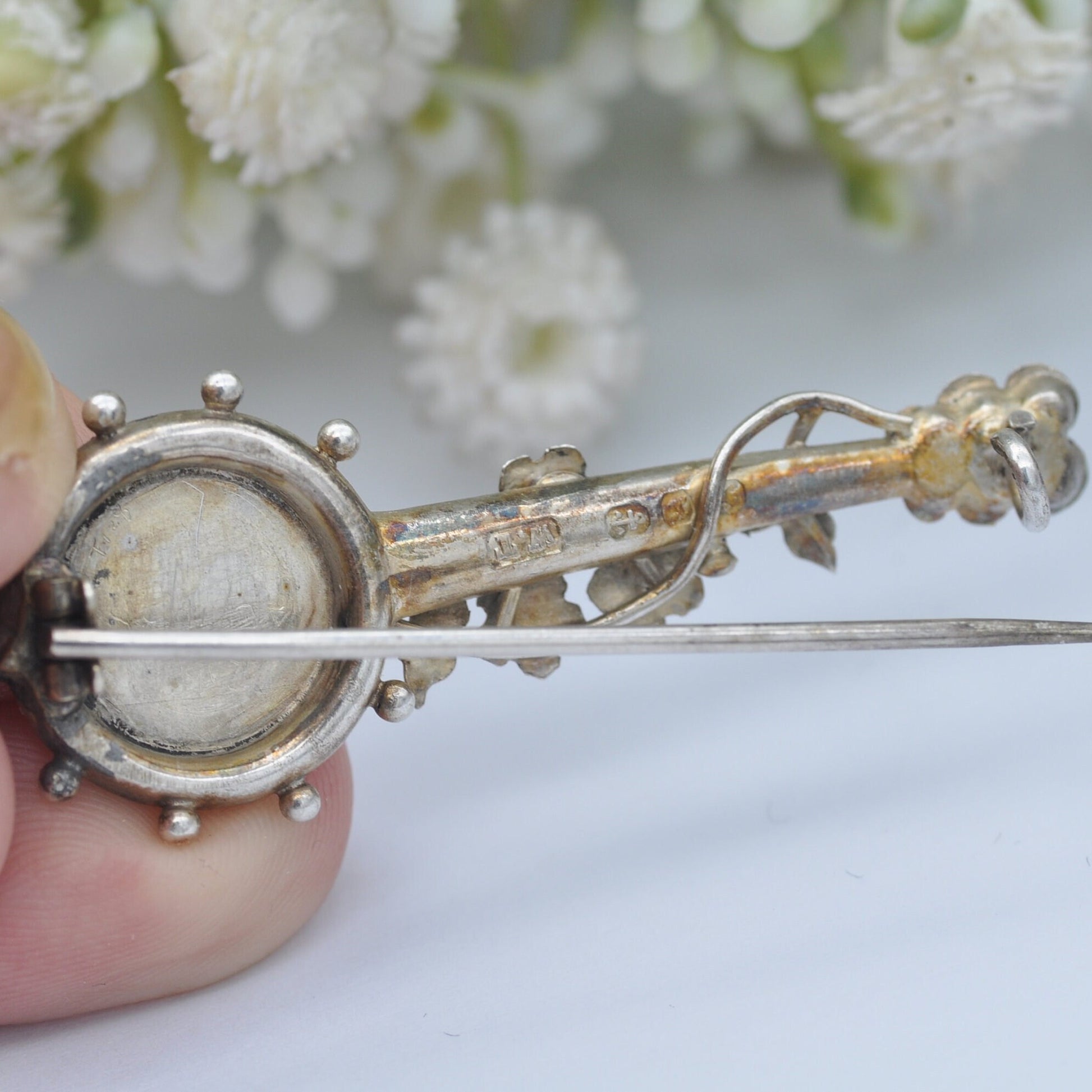 Antique Sterling Silver Banjo Brooch 1897 with Vine Leaves - Novelty Victorian Musical Instrument Jewellery | Aesthetic Movement