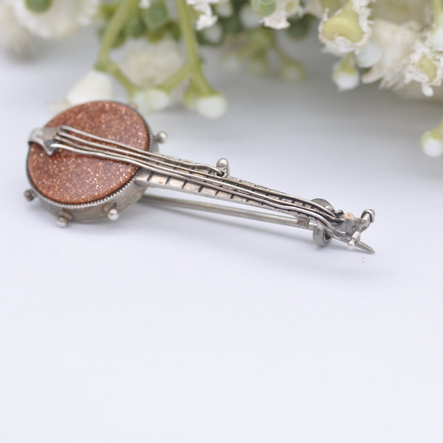 Antique Sterling Silver Goldstone Banjo Brooch - Victorian Musical Instrument Jewellery