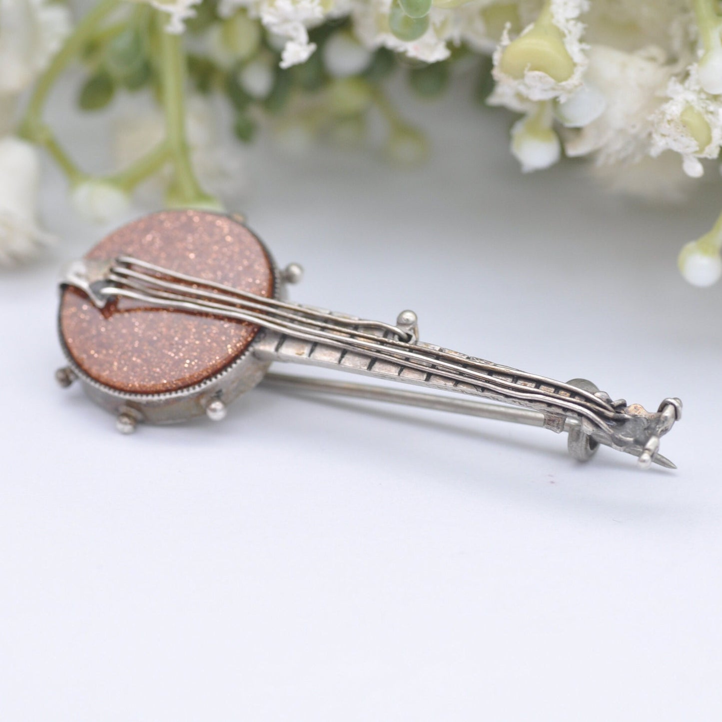 Antique Sterling Silver Goldstone Banjo Brooch - Victorian Musical Instrument Jewellery