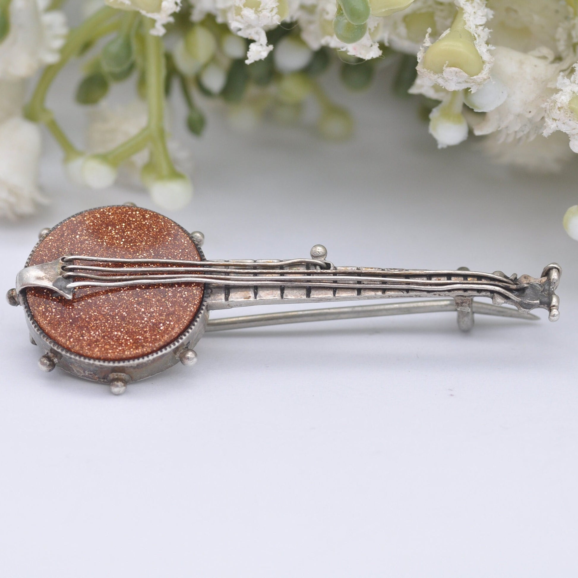 Antique Sterling Silver Goldstone Banjo Brooch - Victorian Musical Instrument Jewellery