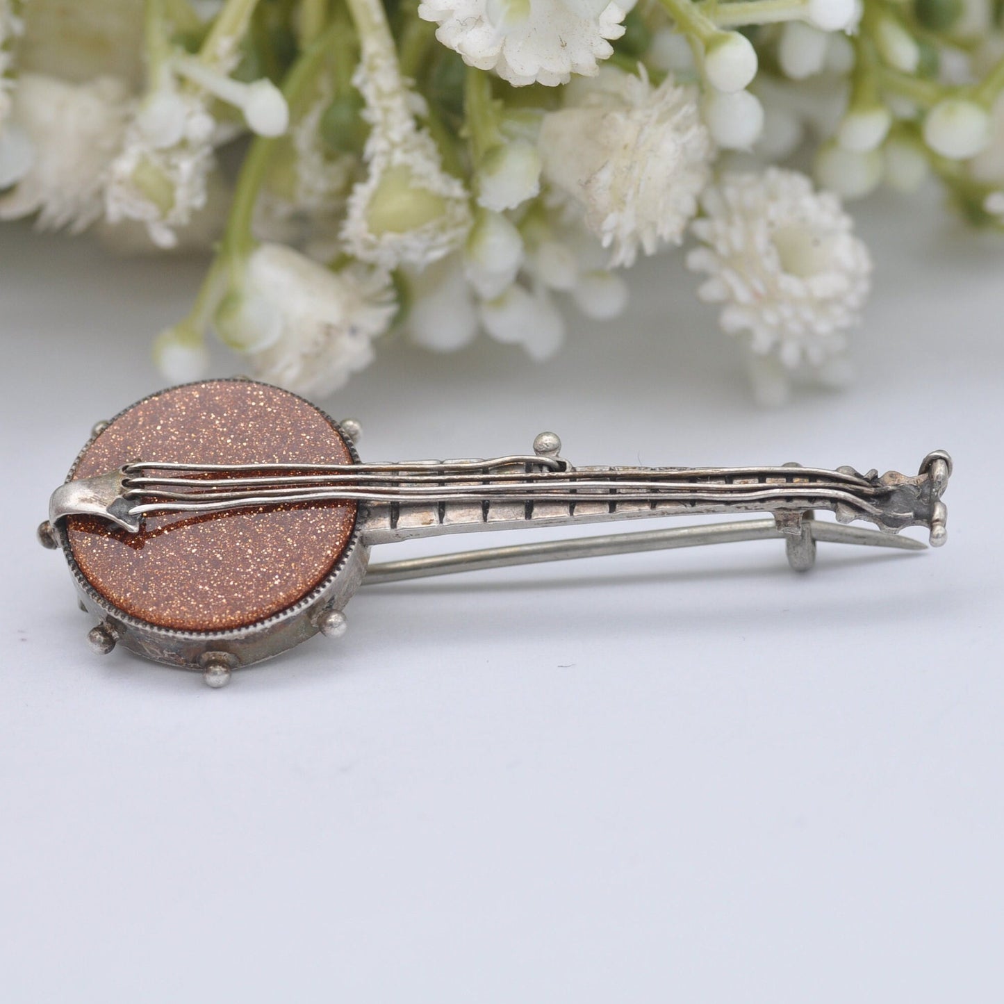 Antique Sterling Silver Goldstone Banjo Brooch - Victorian Musical Instrument Jewellery