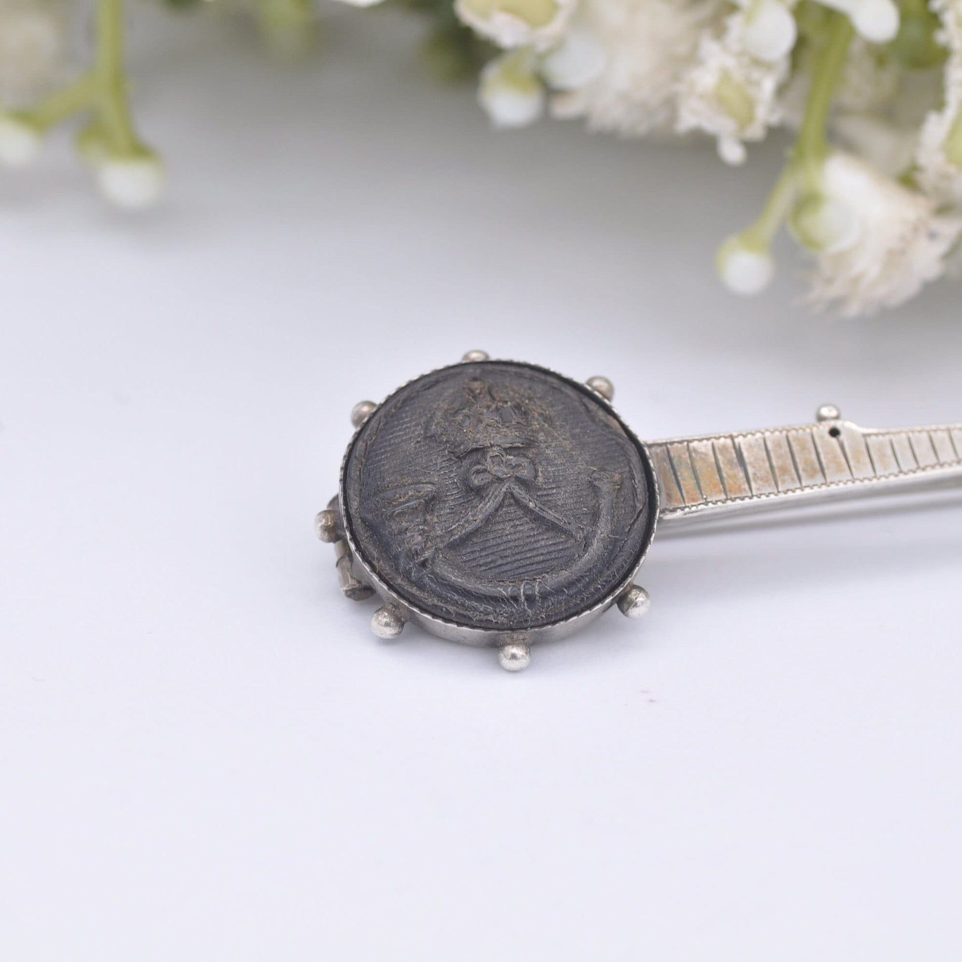 Antique Sterling Silver Banjo Brooch 1890 with Hunting Horn and Crown by Adie & Lovekin - Victorian Novelty Musical Instrument Jewellery