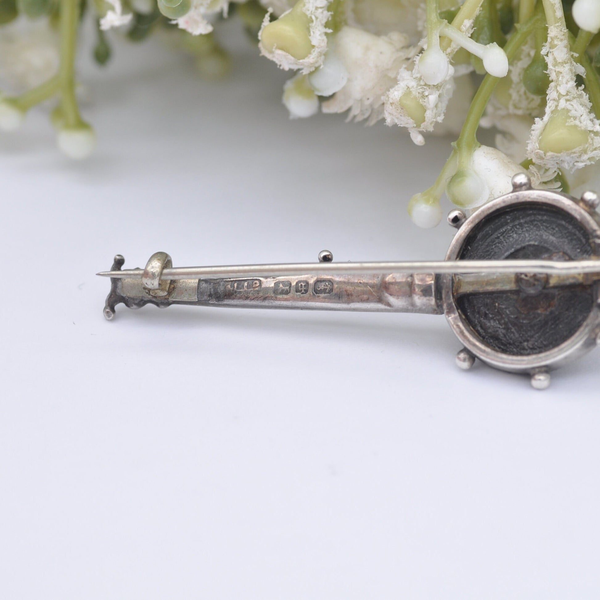 Antique Sterling Silver Banjo Brooch 1890 with Hunting Horn and Crown by Adie & Lovekin - Victorian Novelty Musical Instrument Jewellery