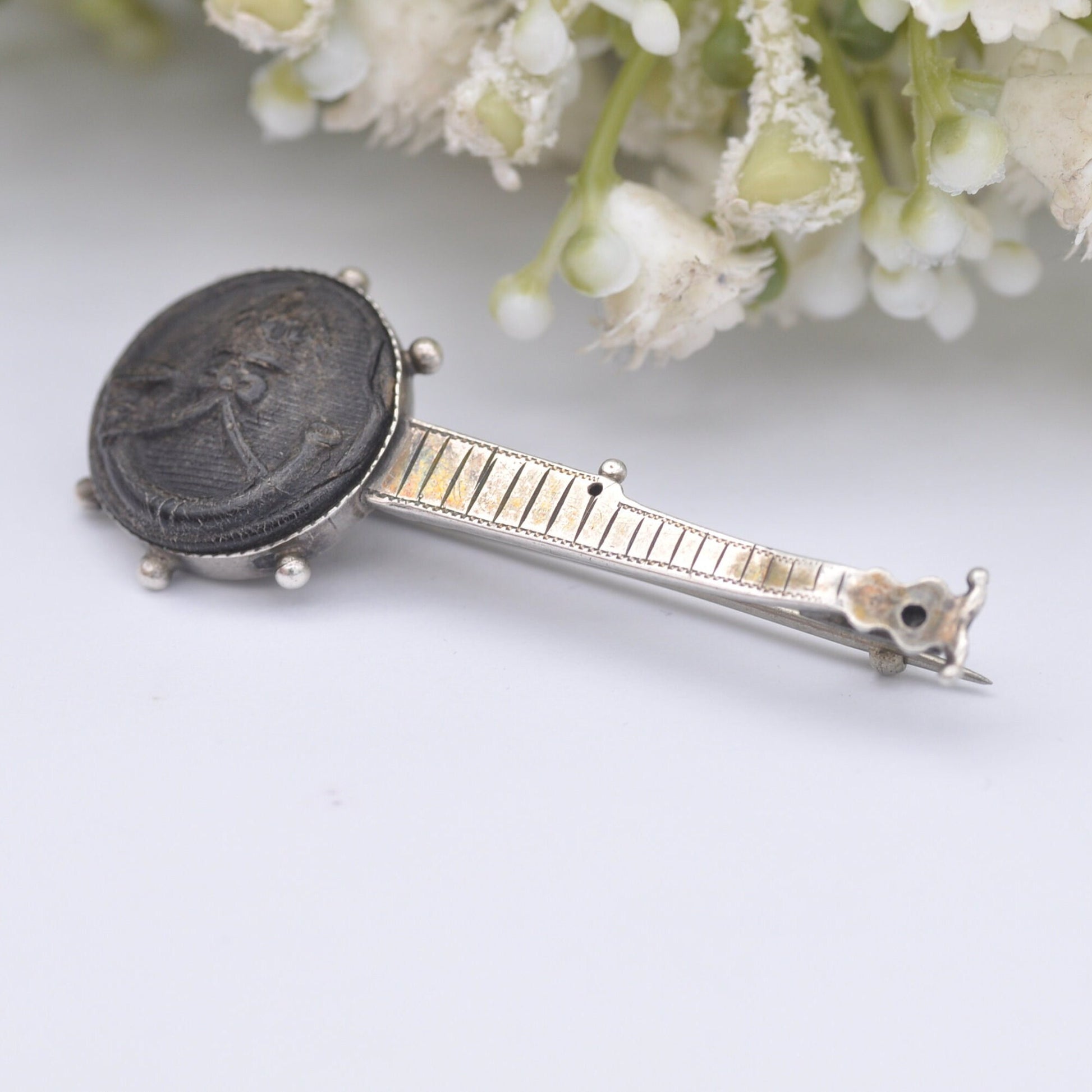 Antique Sterling Silver Banjo Brooch 1890 with Hunting Horn and Crown by Adie & Lovekin - Victorian Novelty Musical Instrument Jewellery