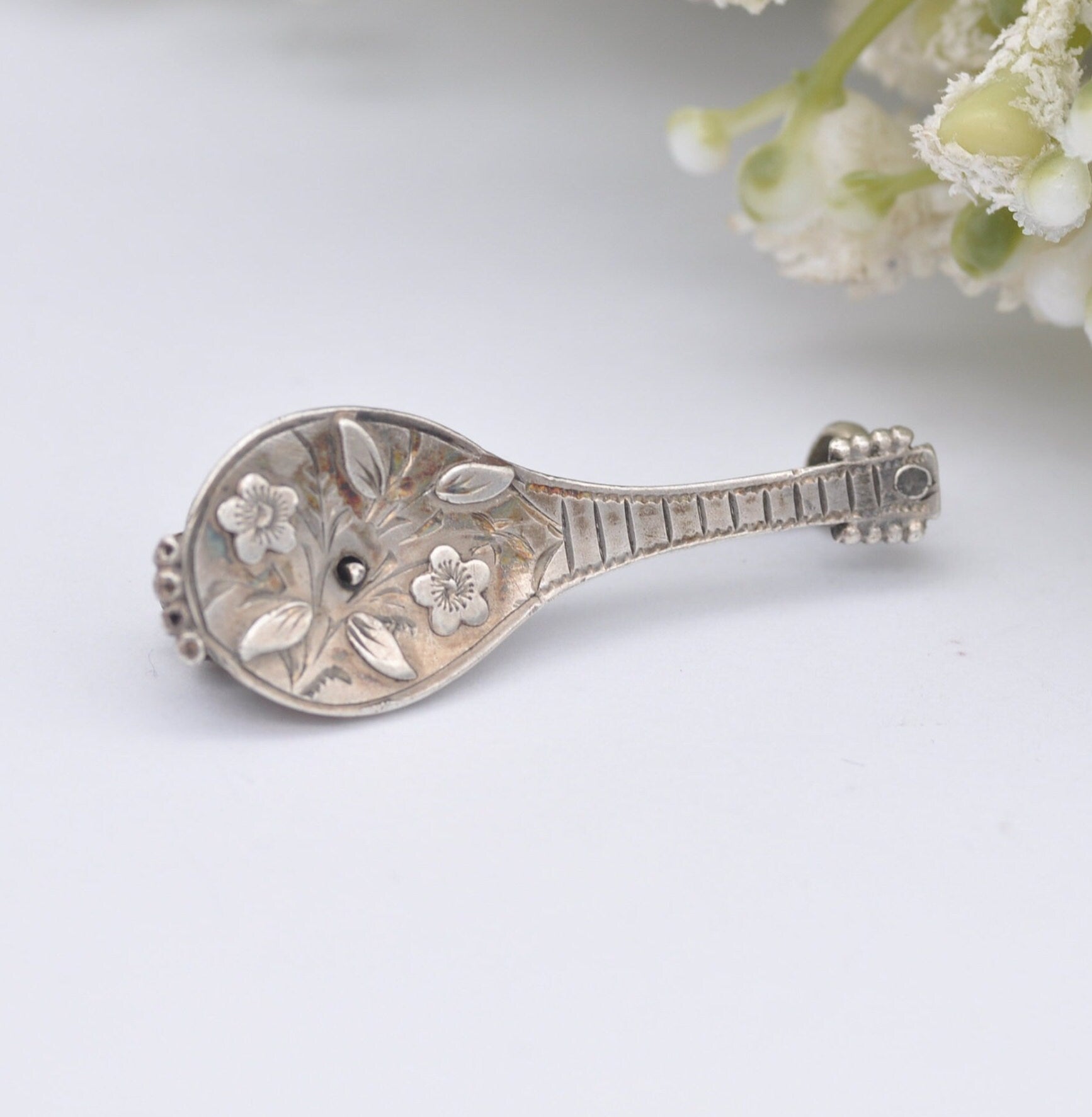 Antique Adie & Lovekin Sterling Silver Mandolin Lute Brooch 1893 - Victorian Novelty Musical Instrument Jewellery