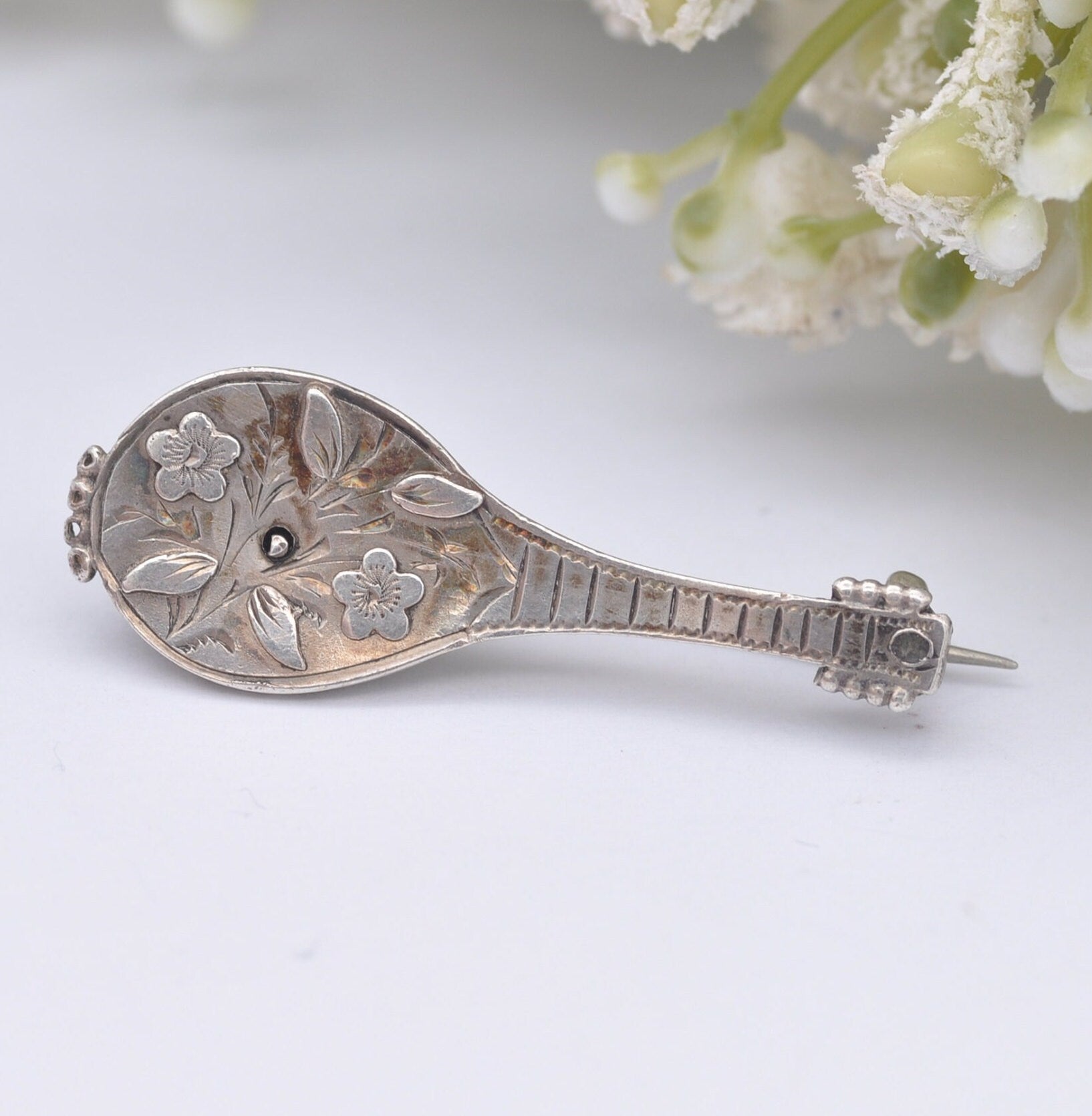 Antique Adie & Lovekin Sterling Silver Mandolin Lute Brooch 1893 - Victorian Novelty Musical Instrument Jewellery