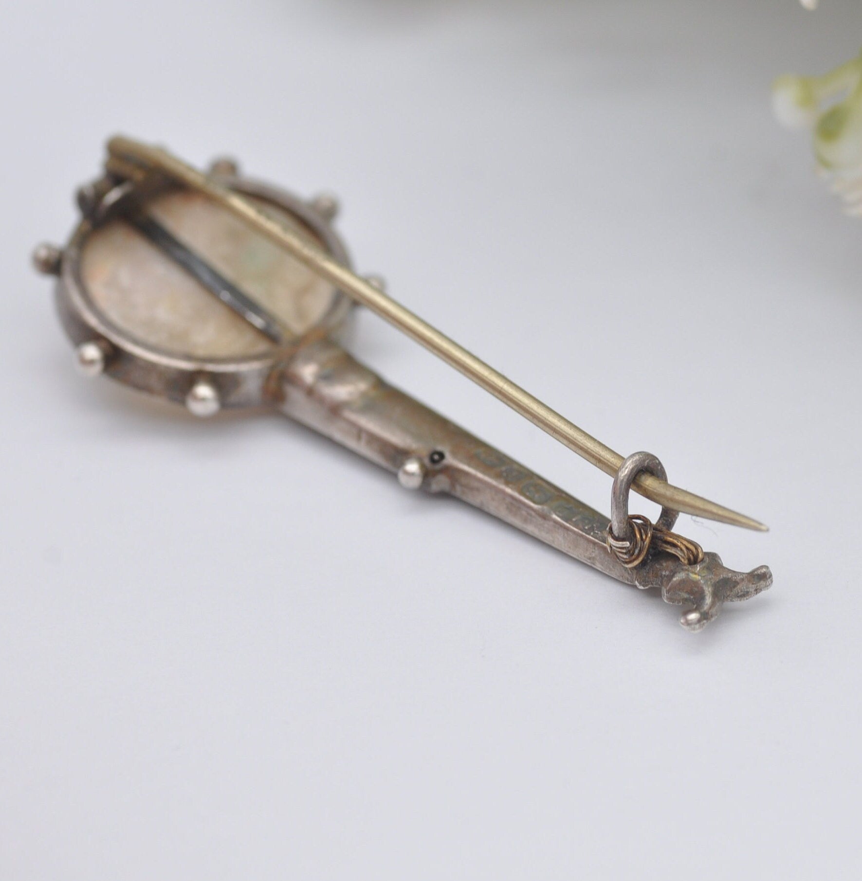 Antique Adie & Lovekin Sterling Silver Banjo Brooch 1891 with Mother of Pearl and Strings - Victorian Novelty Musical Instrument