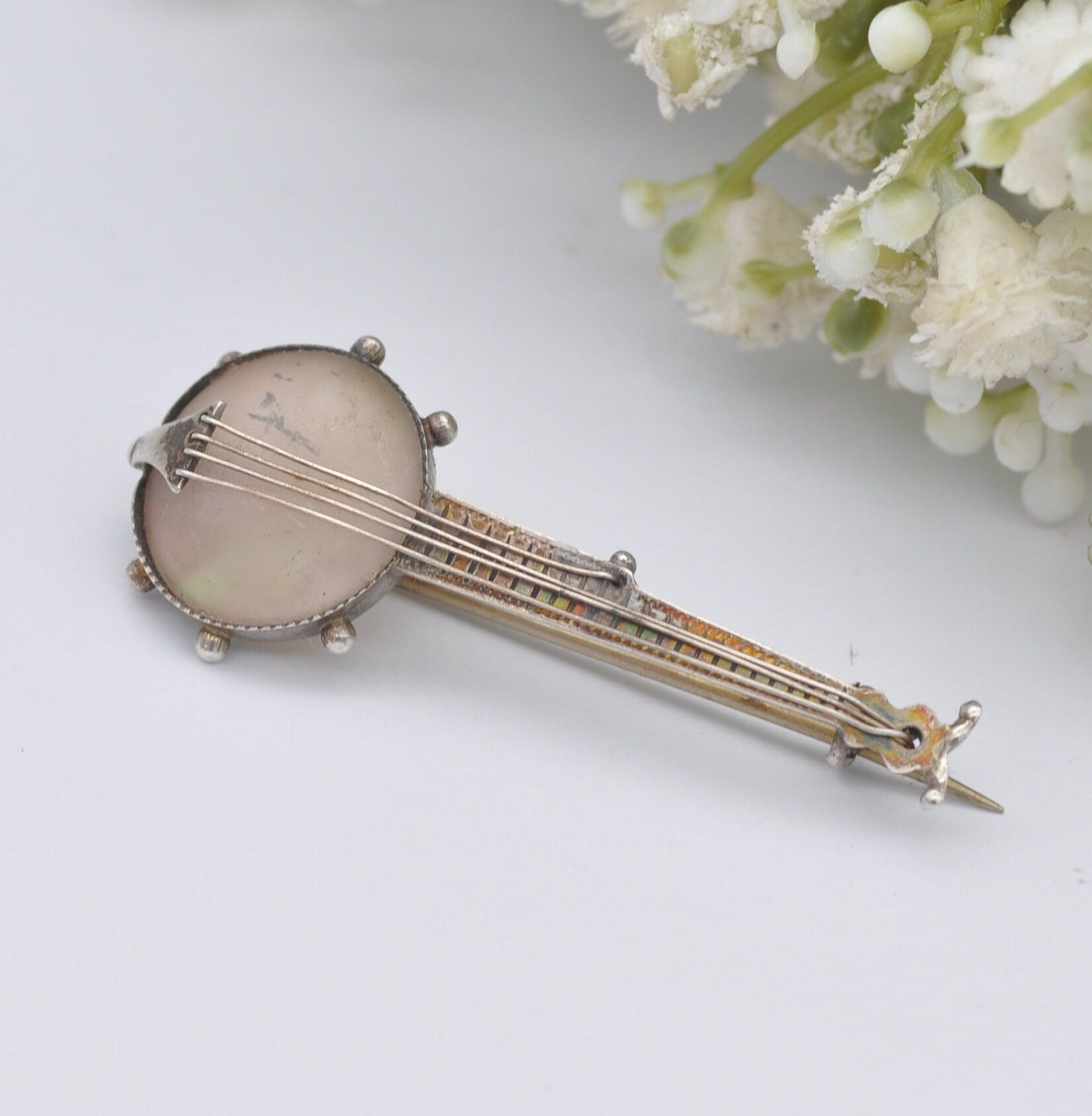 Antique Adie & Lovekin Sterling Silver Banjo Brooch 1891 with Mother of Pearl and Strings - Victorian Novelty Musical Instrument