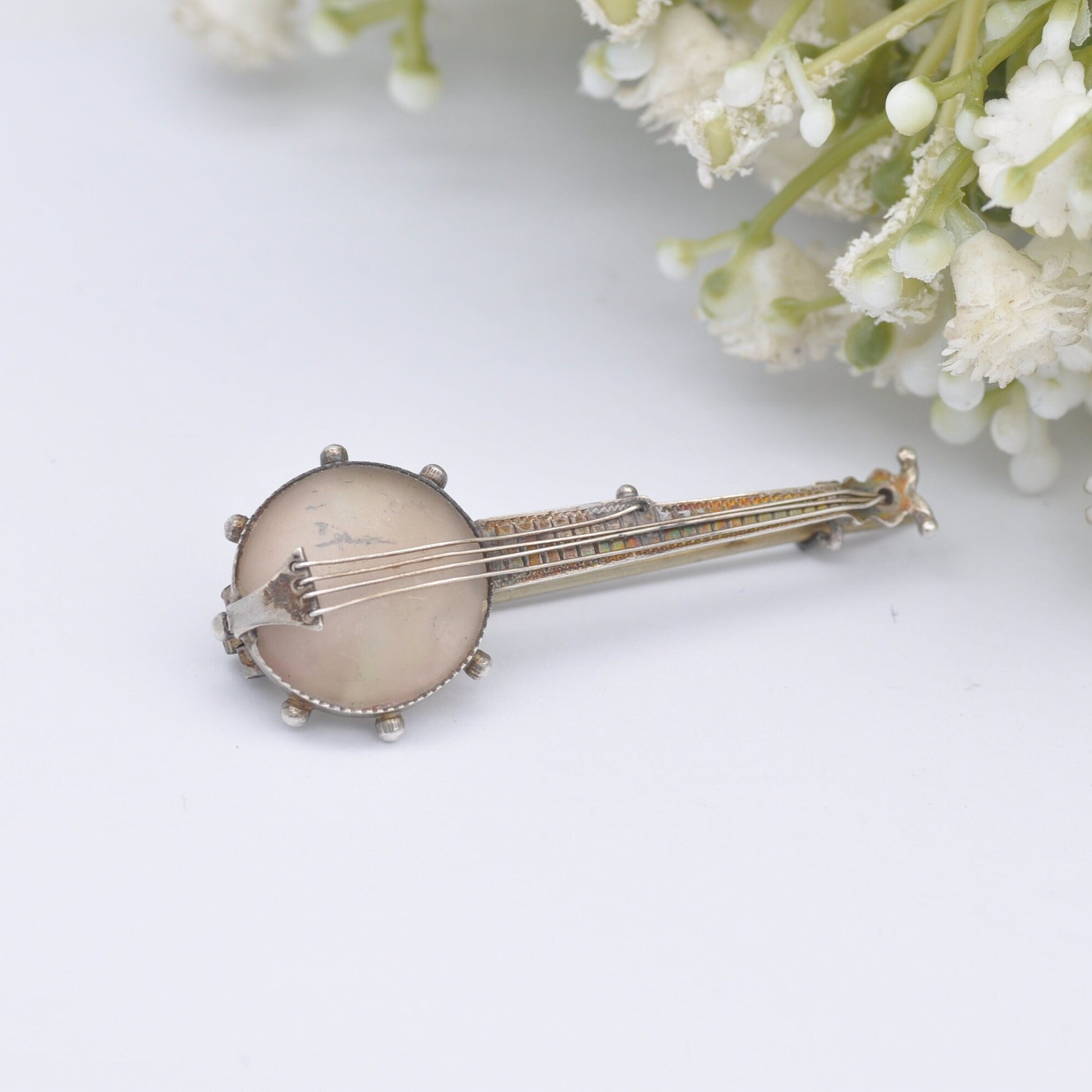 Antique Adie & Lovekin Sterling Silver Banjo Brooch 1891 with Mother of Pearl and Strings - Victorian Novelty Musical Instrument