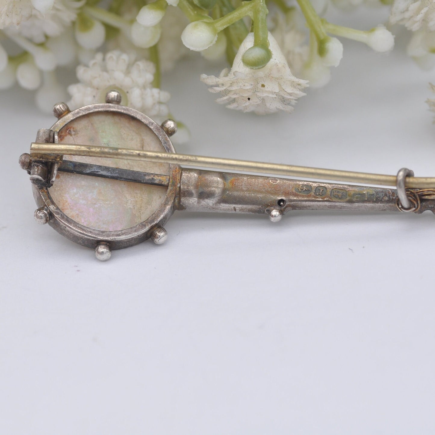 Antique Adie & Lovekin Sterling Silver Banjo Brooch 1891 with Mother of Pearl and Strings - Victorian Novelty Musical Instrument