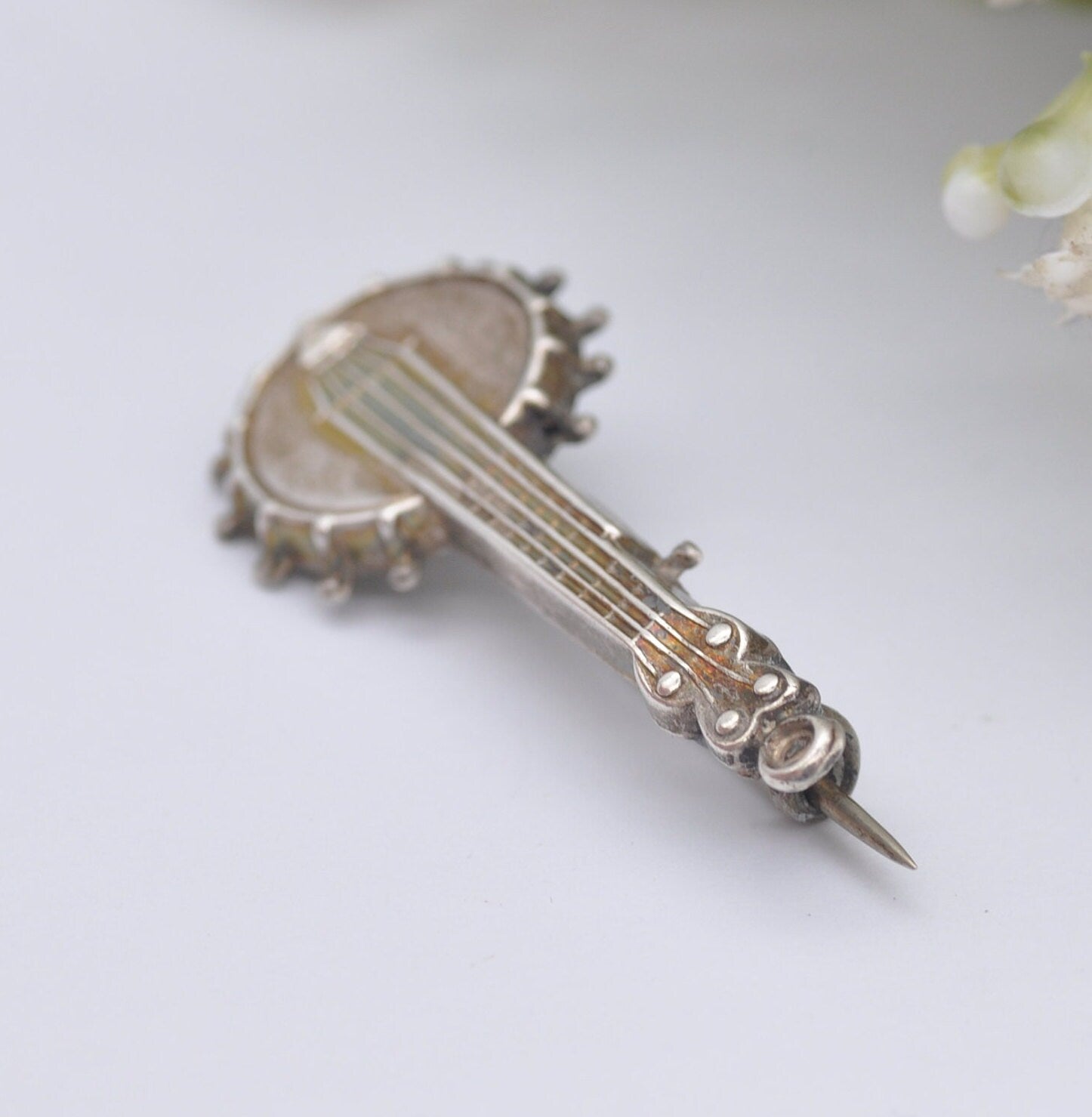 Antique Sterling Silver Banjo Brooch 1886 - Victorian Novelty Musical Instrument Jewellery