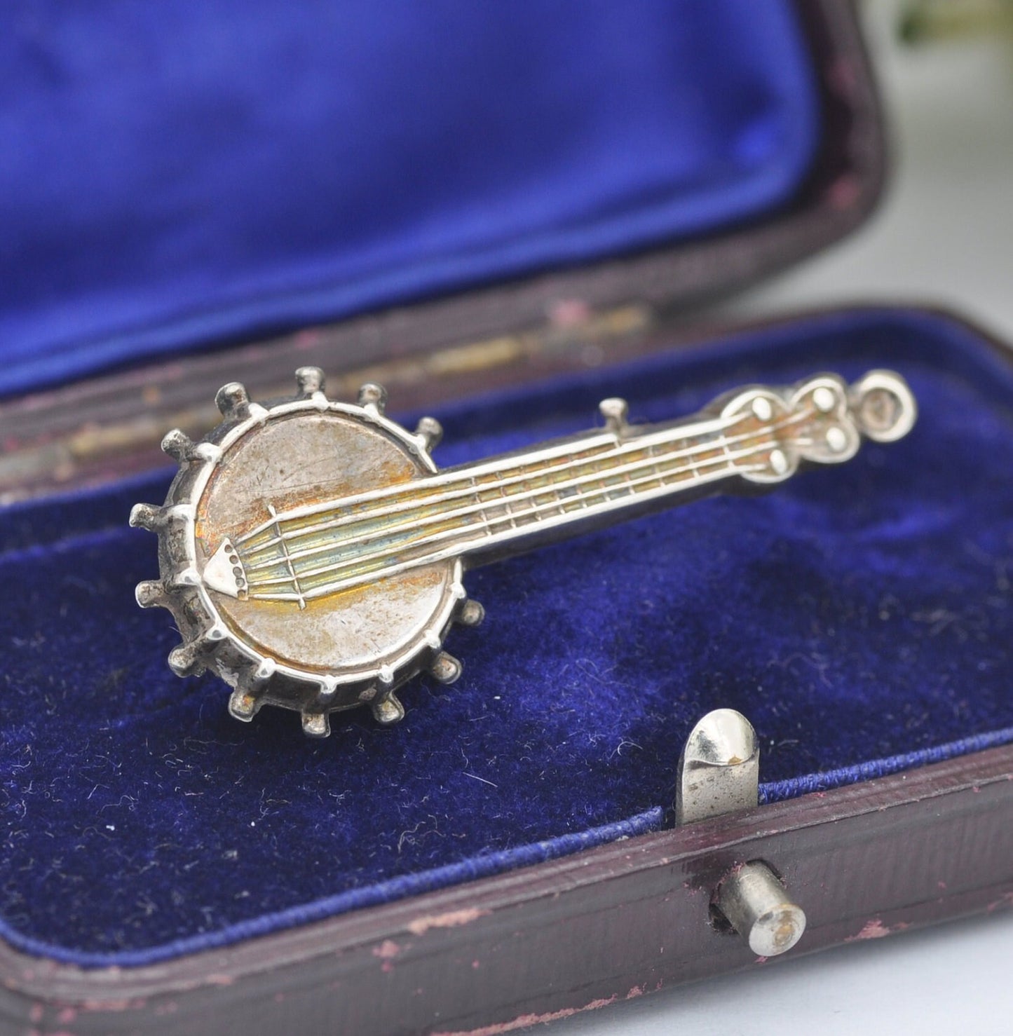 Antique Sterling Silver Banjo Brooch 1886 - Victorian Novelty Musical Instrument Jewellery