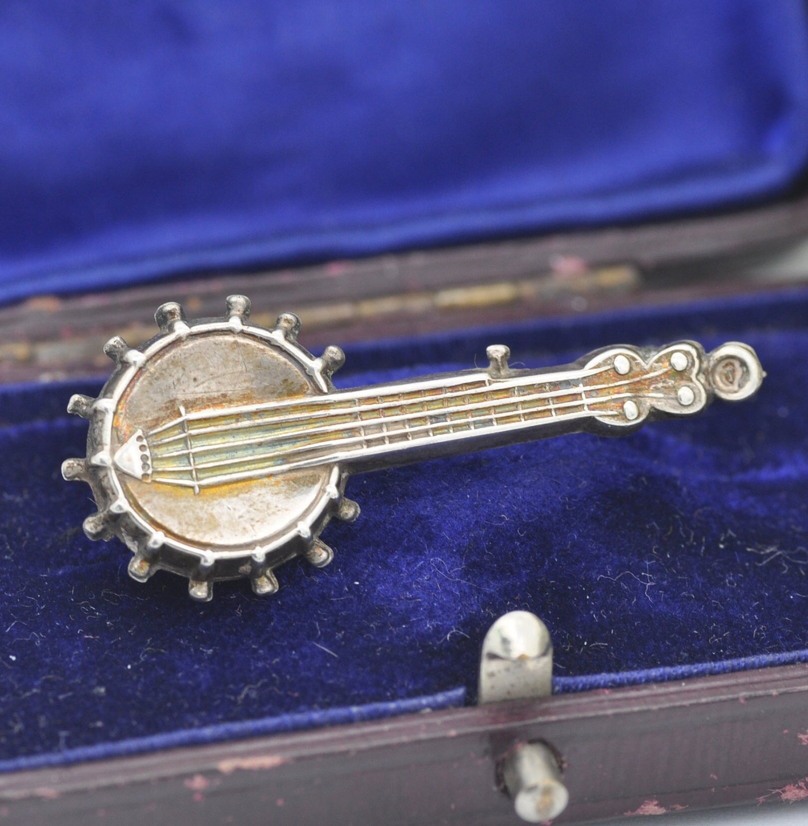 Antique Sterling Silver Banjo Brooch 1886 - Victorian Novelty Musical Instrument Jewellery