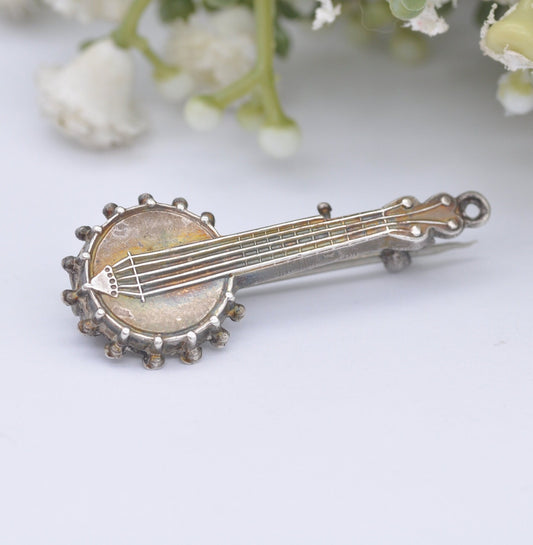 Antique Victorian Sterling Silver Banjo Brooch 1899 - Victorian Novelty Musical Instrument Jewellery