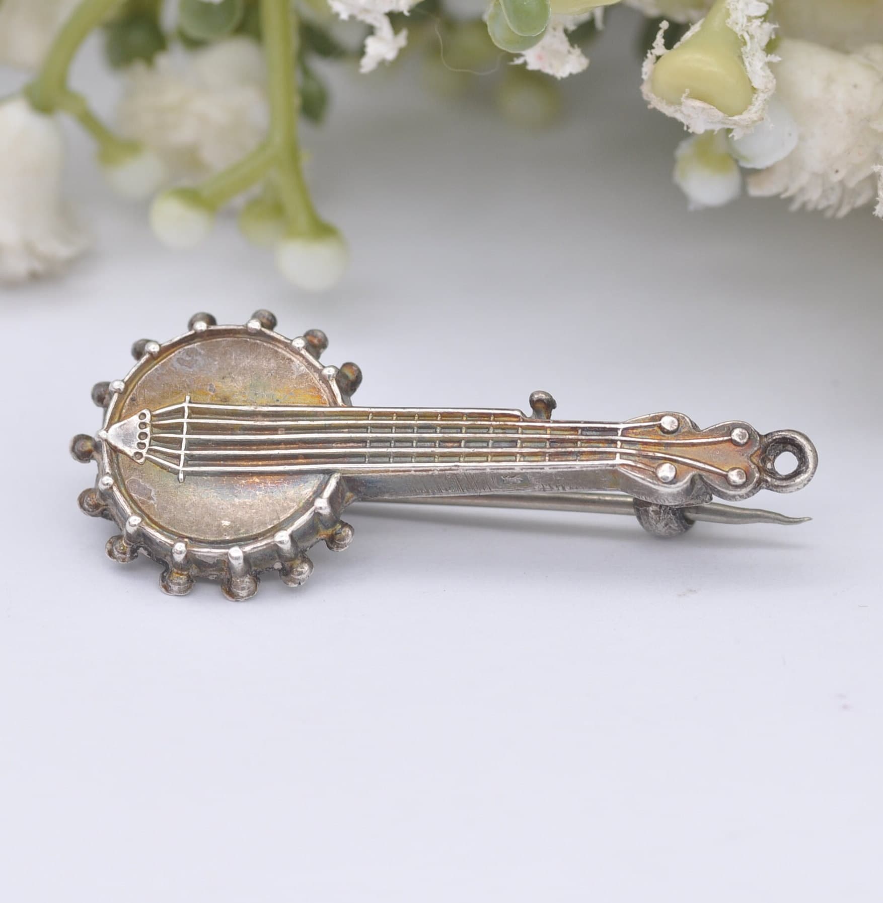 Antique Victorian Sterling Silver Banjo Brooch 1899 - Victorian Novelty Musical Instrument Jewellery