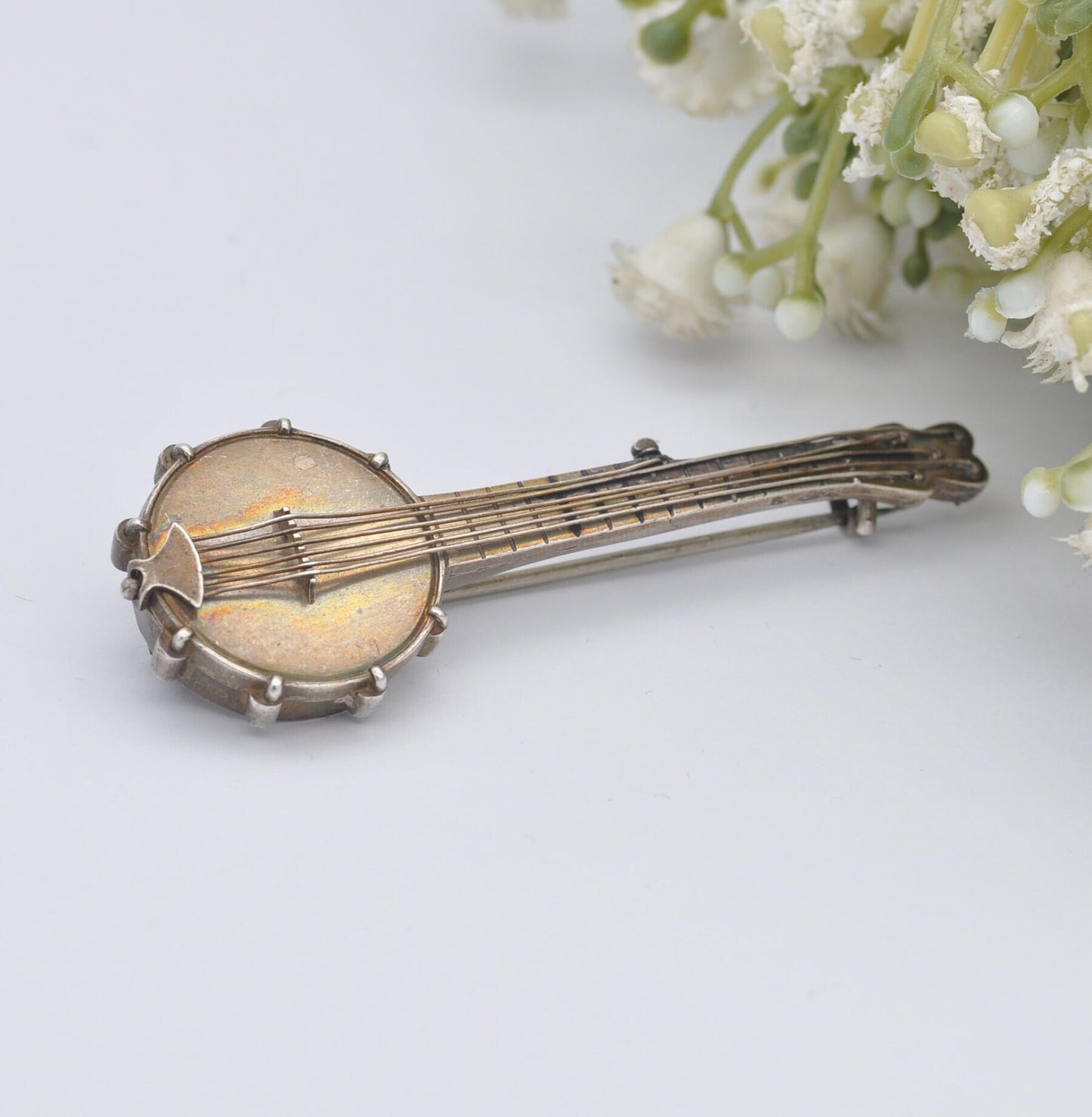 Large Antique Victorian Sterling Silver Banjo Brooch with Six Strings - Victorian Novelty Musical Instrument Jewellery