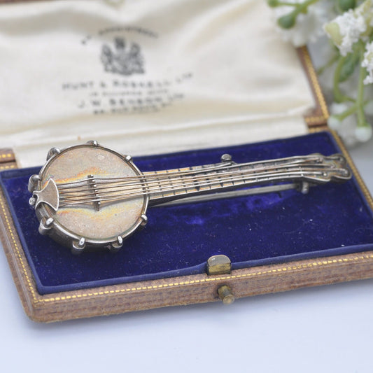 Large Antique Victorian Sterling Silver Banjo Brooch with Six Strings - Victorian Novelty Musical Instrument Jewellery