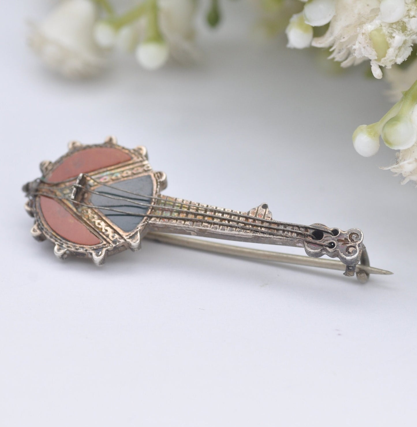 Antique Sterling Silver Jasper Banjo Brooch - Novelty Victorian Musical Instrument Jewellery