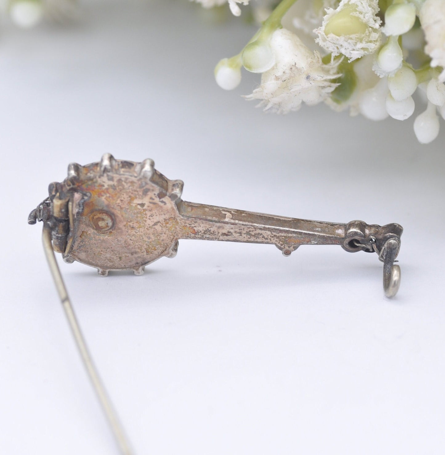 Antique Sterling Silver Jasper Banjo Brooch - Novelty Victorian Musical Instrument Jewellery