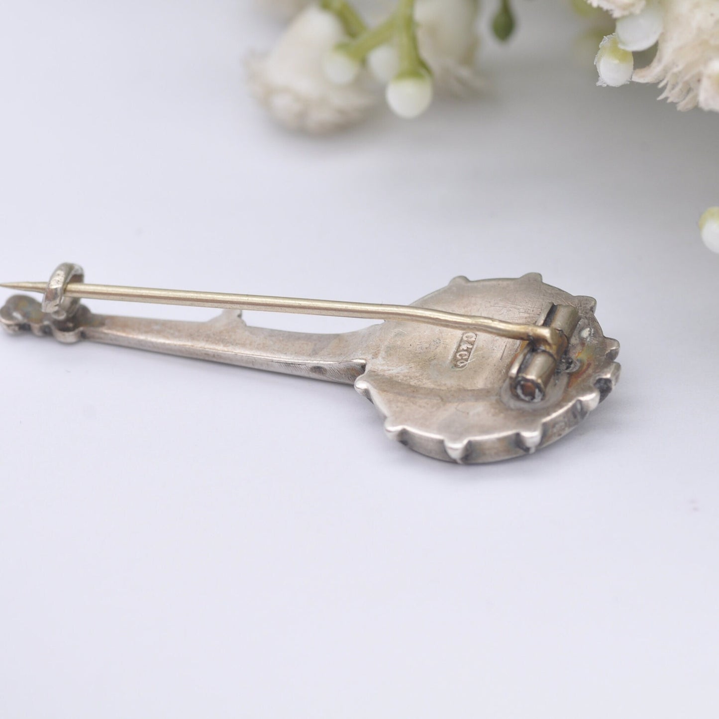 Antique Sterling Silver Jasper Banjo Brooch - Novelty Victorian Musical Instrument Jewellery | Scottish Gemstone Brooch