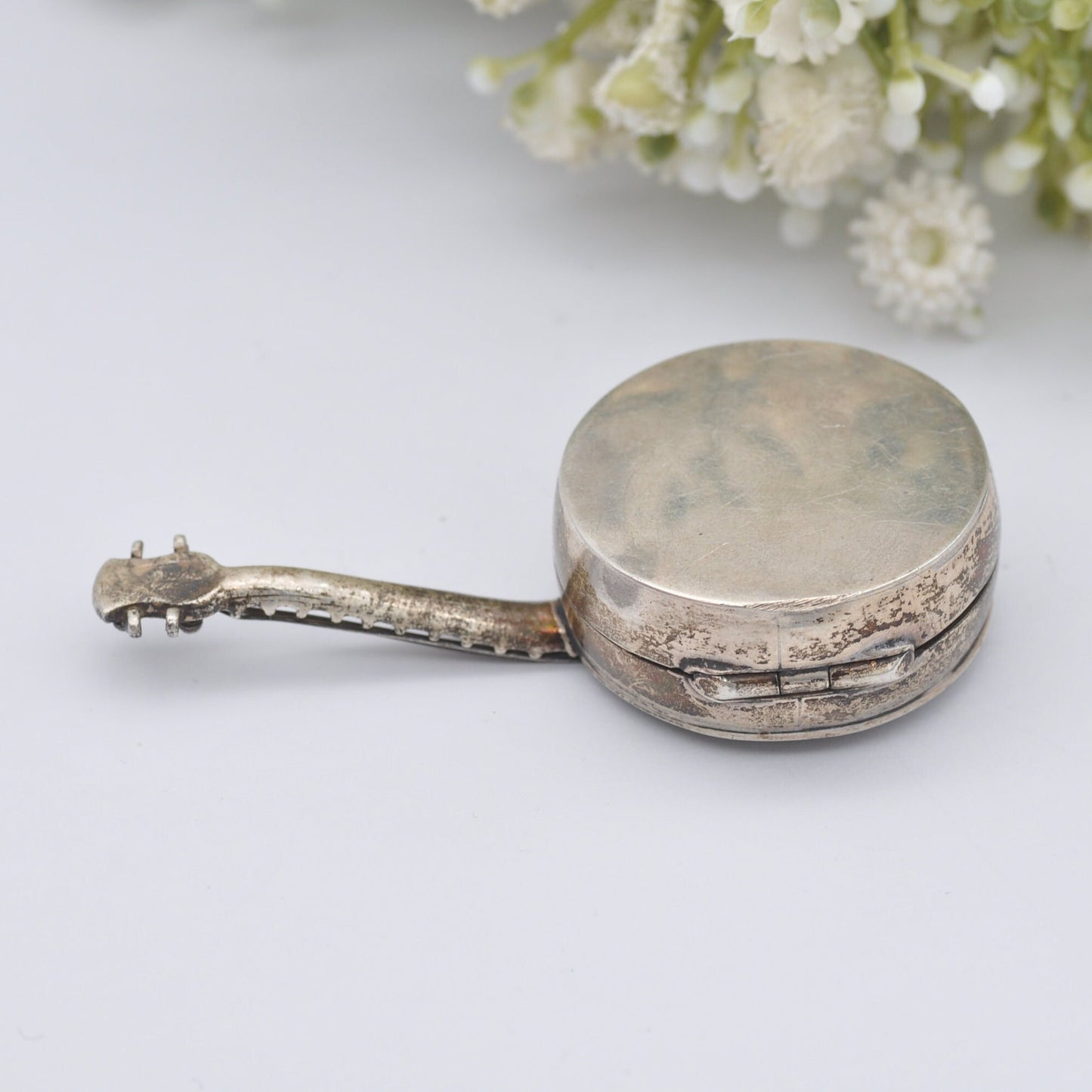 Vintage Sterling Silver Banjo Trinket Box with Strings - Hand Engraved | Novelty Musical Instrument Collectable