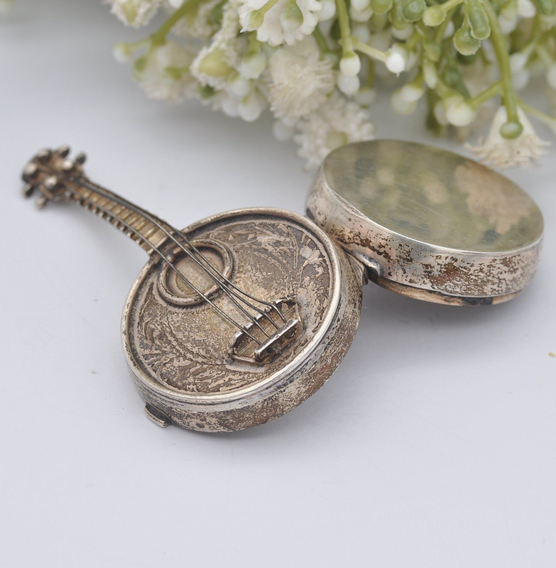 Vintage Sterling Silver Banjo Trinket Box with Strings - Hand Engraved | Novelty Musical Instrument Collectable
