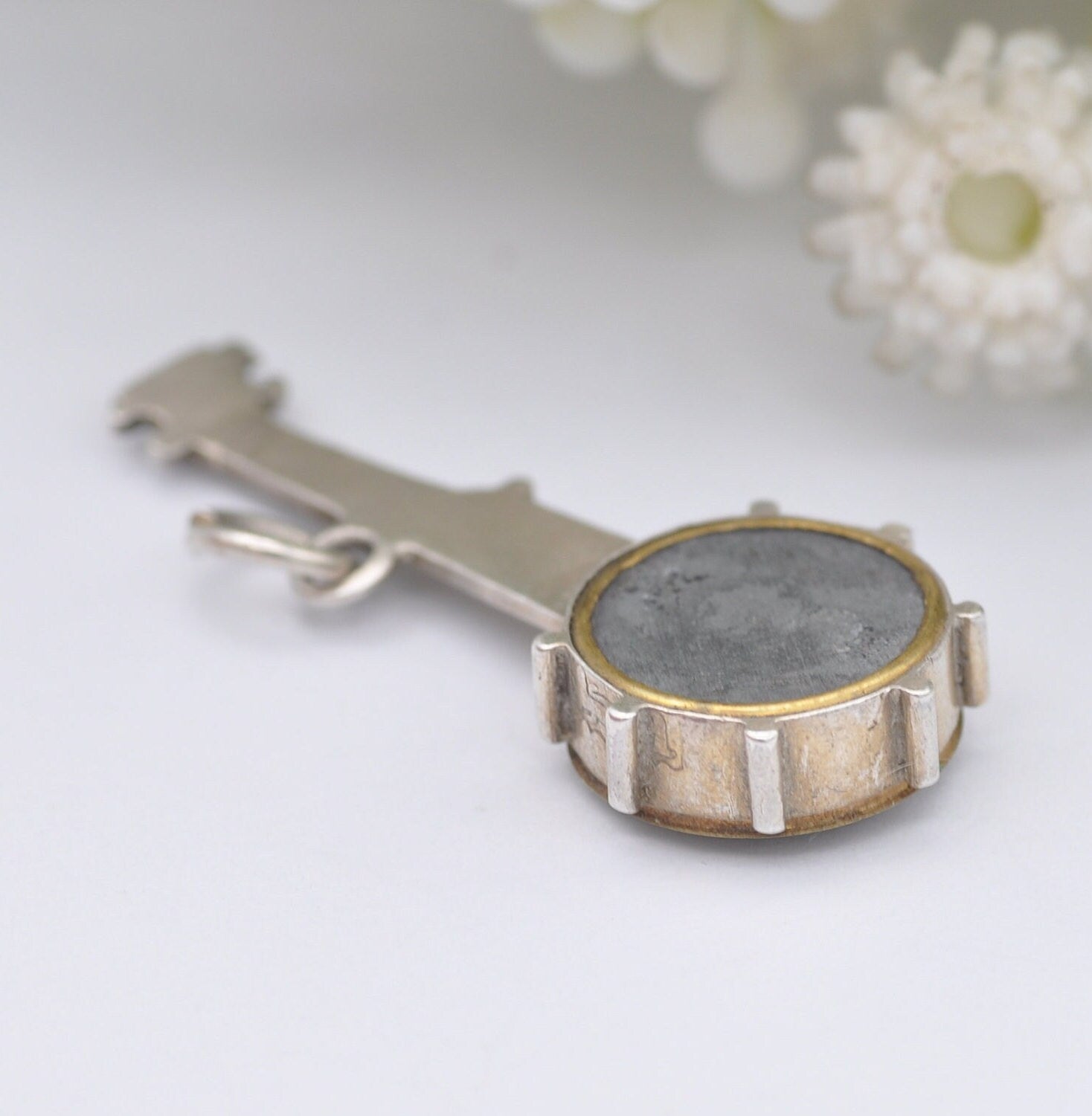 Antique Victorian Sterling Silver Compass Banjo Pendant - Victorian Novelty Musical Instrument Jewellery | Unusual Necklace
