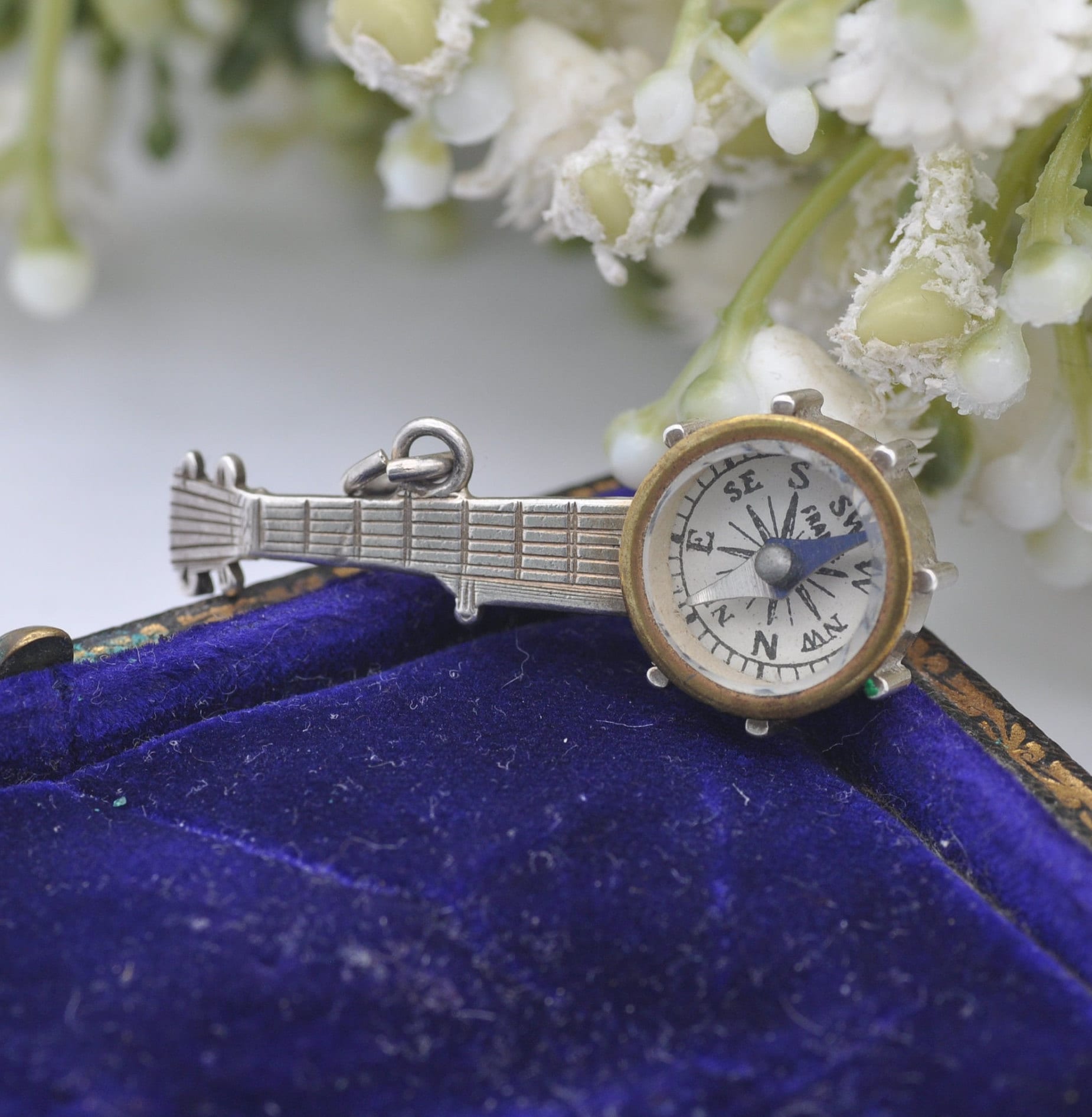 Antique Victorian Sterling Silver Compass Banjo Pendant - Victorian Novelty Musical Instrument Jewellery | Unusual Necklace