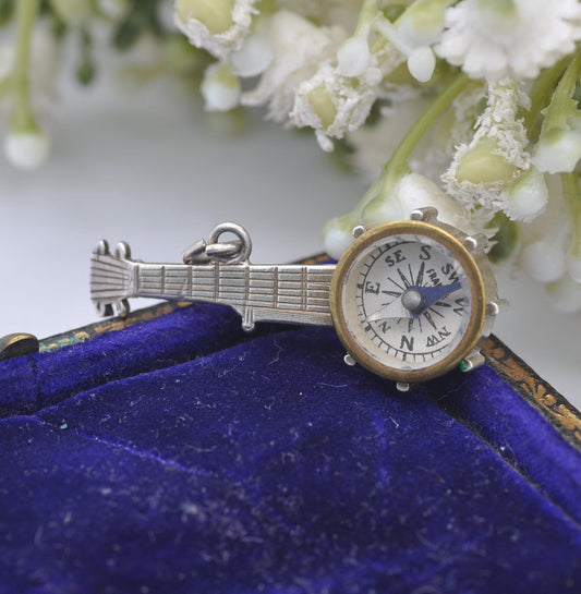 Antique Victorian Sterling Silver Compass Banjo Pendant - Victorian Novelty Musical Instrument Jewellery | Unusual Necklace