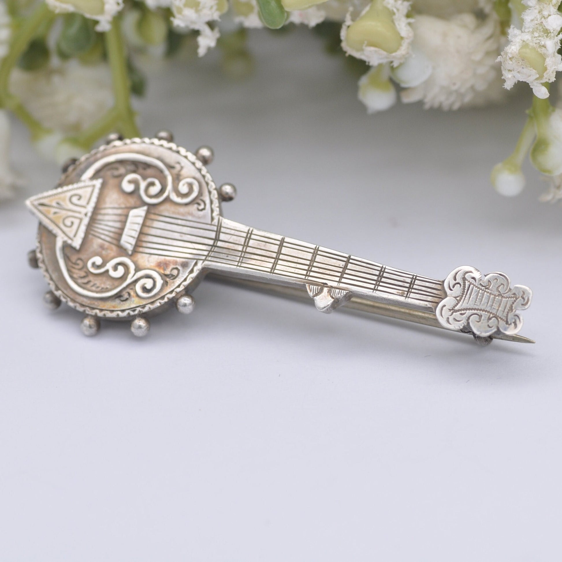 Antique Victorian Sterling Silver Banjo Brooch 1890 by William Twigg - Victorian Novelty Musical Instrument Jewellery | Engraved