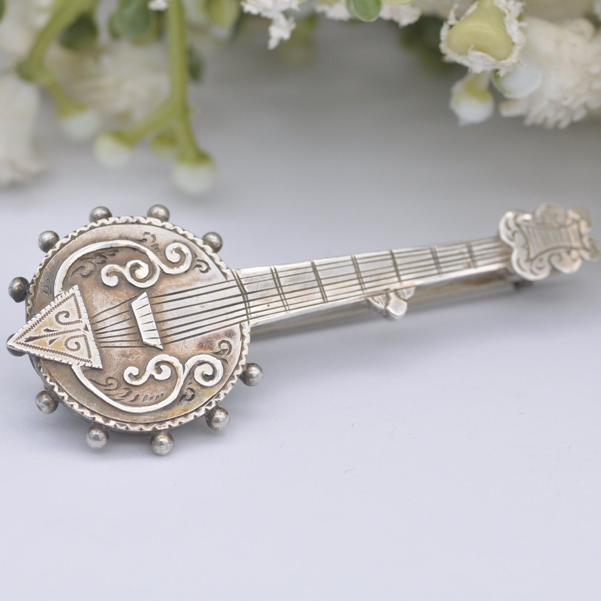 Antique Victorian Sterling Silver Banjo Brooch 1890 by William Twigg - Victorian Novelty Musical Instrument Jewellery | Engraved