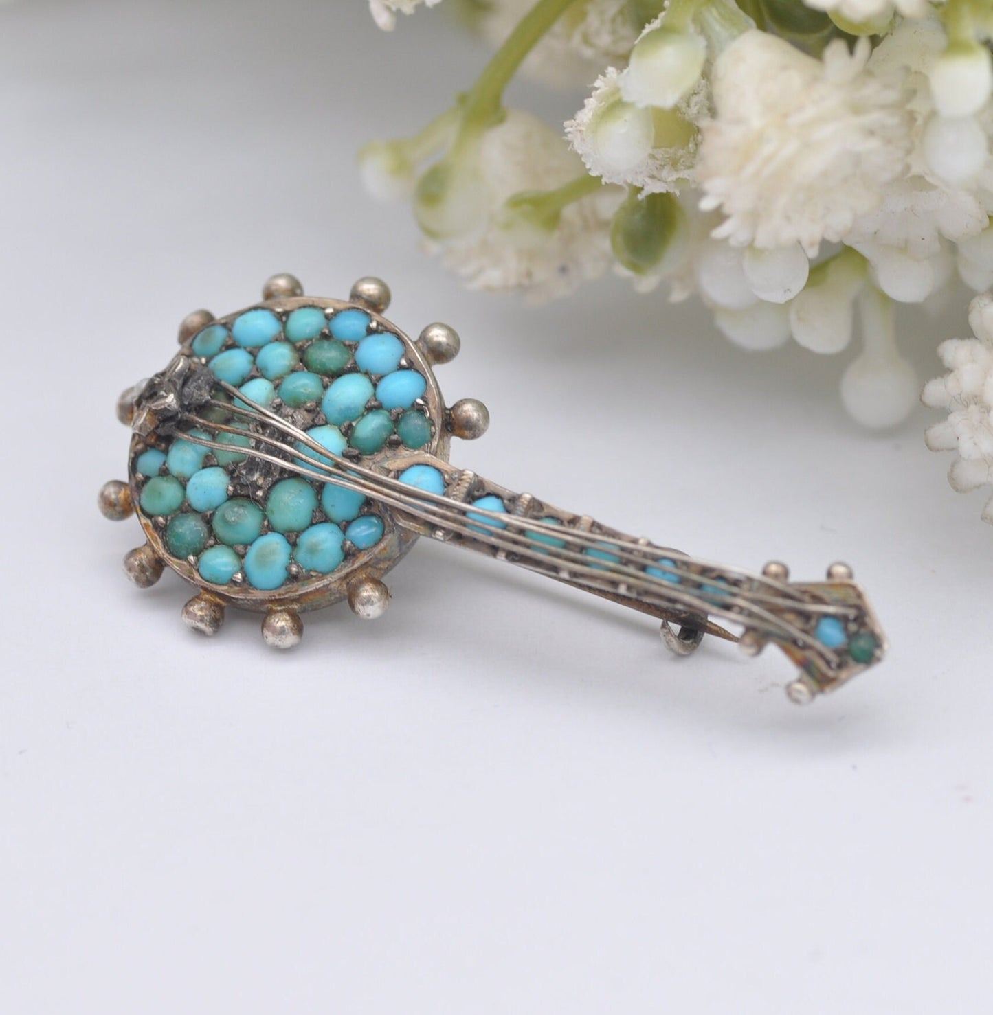 Antique Victorian Turquoise Sterling Silver Banjo Brooch with Seed Pearl - Four Strings | Victorian Novelty Musical Instrument Jewellery