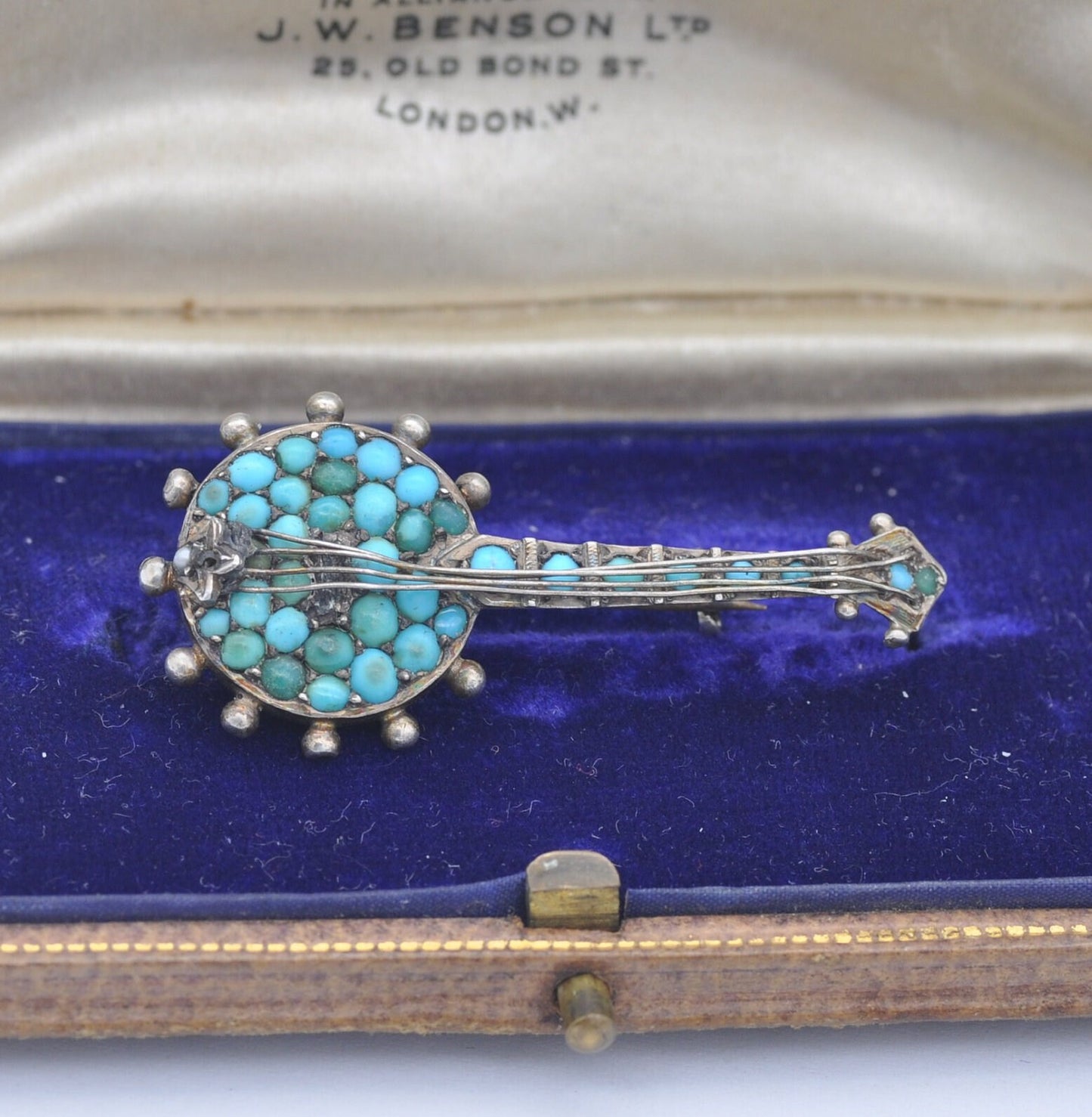 Antique Victorian Turquoise Sterling Silver Banjo Brooch with Seed Pearl - Four Strings | Victorian Novelty Musical Instrument Jewellery