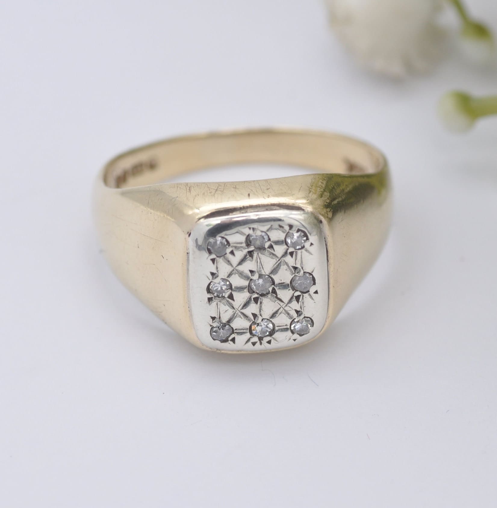 Vintage 9ct Gold Signet Ring Diamonds 1981 by Slade & Kempton - Chunky Statement Signet | UK Size - U | US Size - 10