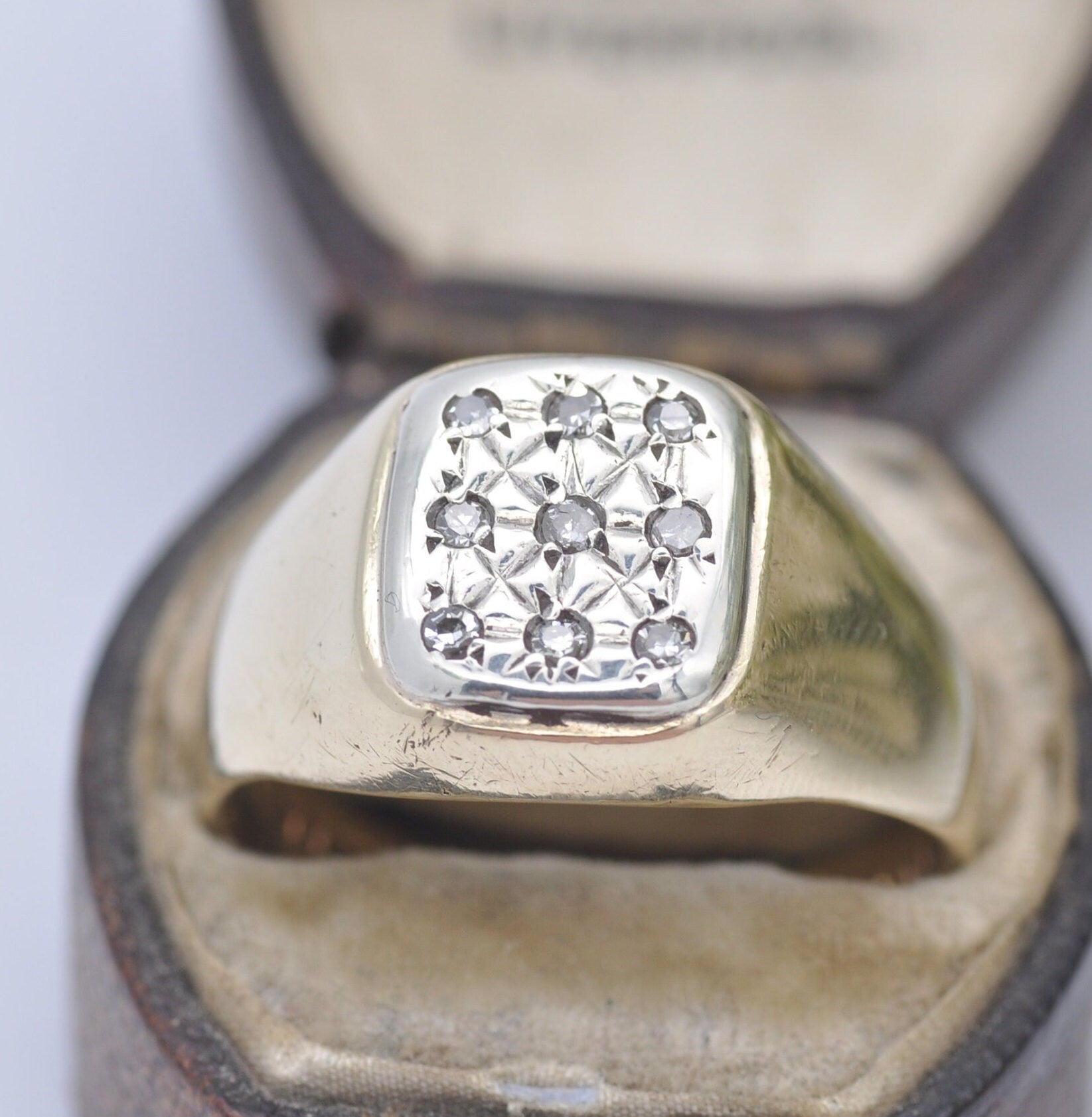 Vintage 9ct Gold Signet Ring Diamonds 1981 by Slade & Kempton - Chunky Statement Signet | UK Size - U | US Size - 10