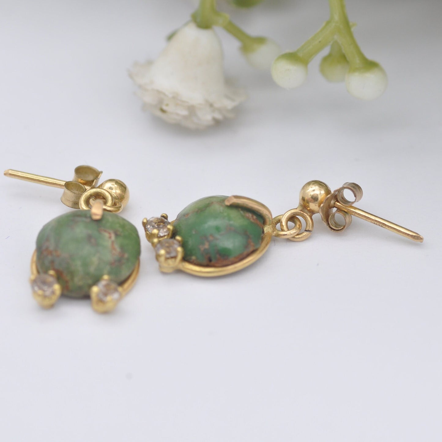 Vintage 18ct Gold Green Turquoise Ring and Earrings Set - Mid-Century Demi-Parure | Ring UK Size - N 1/2 | US Size - 7