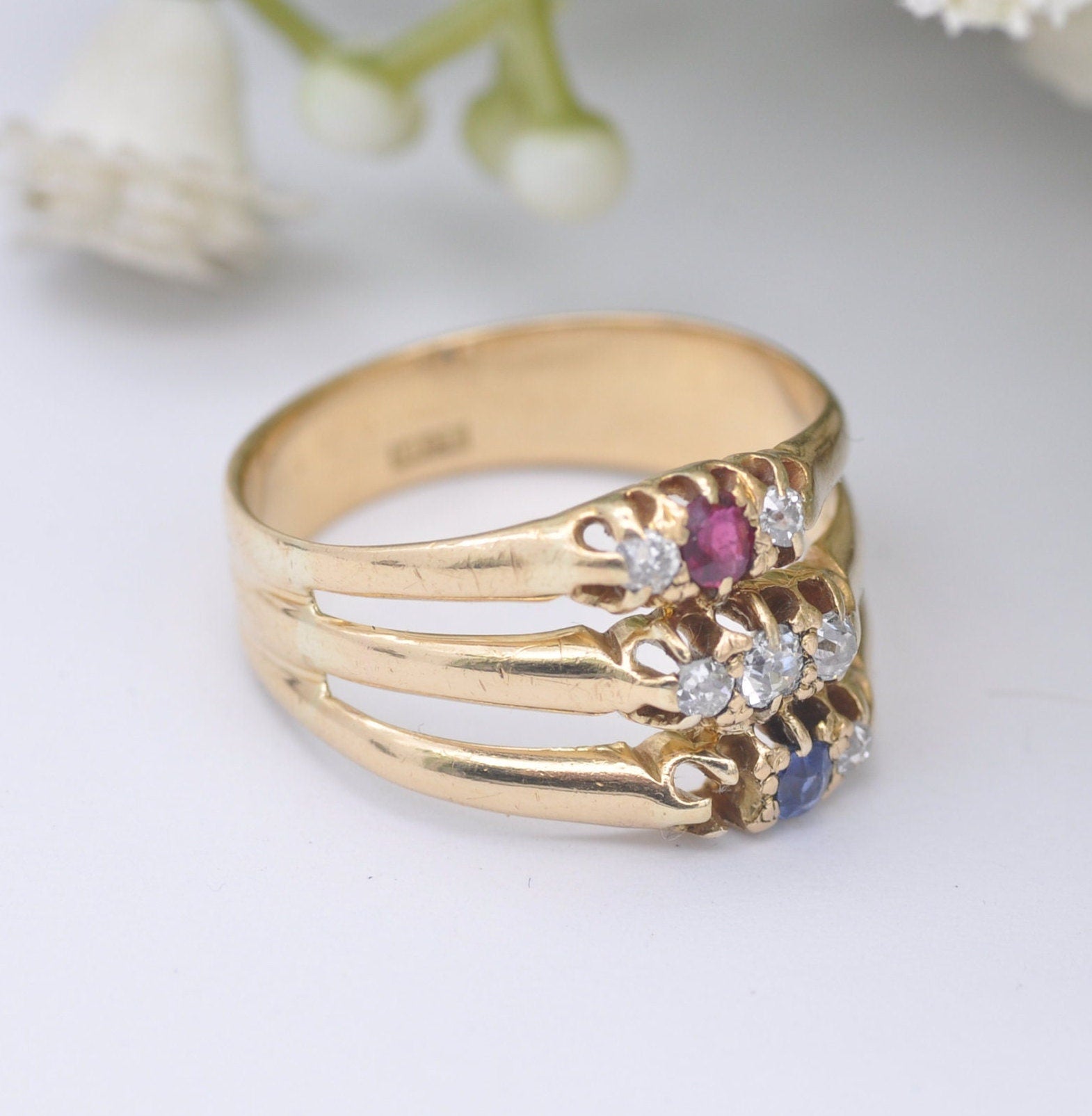 Vintage 18ct Gold Diamond Ruby Sapphire Three Band Stacker Ring - Multi Stone Statement Ring | UK Size - O 1/2 | US Size - 7 1/2