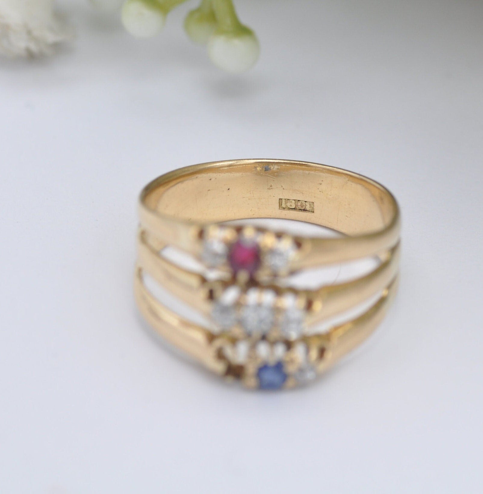 Vintage 18ct Gold Diamond Ruby Sapphire Three Band Stacker Ring - Multi Stone Statement Ring | UK Size - O 1/2 | US Size - 7 1/2