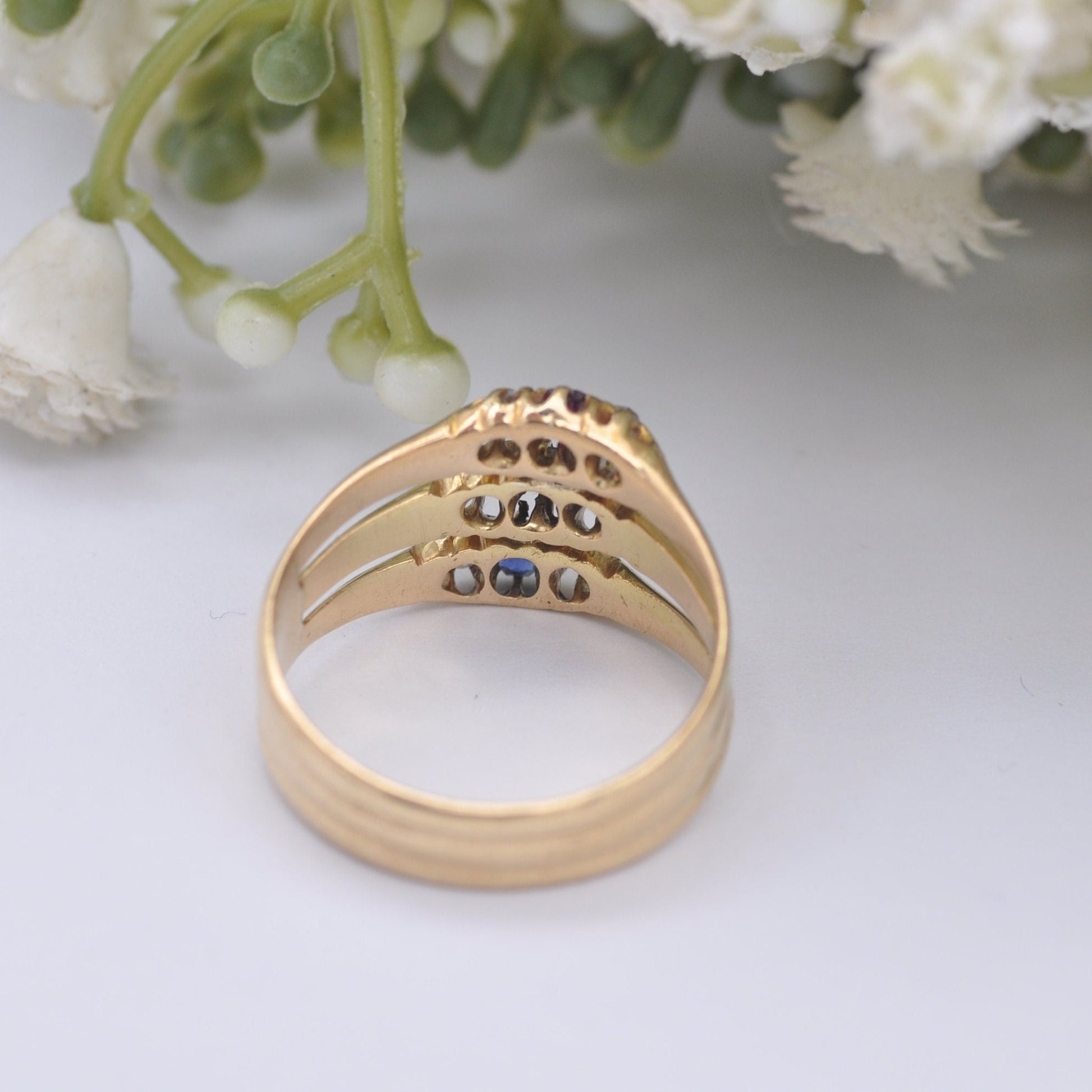 Vintage 18ct Gold Diamond Ruby Sapphire Three Band Stacker Ring - Multi Stone Statement Ring | UK Size - O 1/2 | US Size - 7 1/2