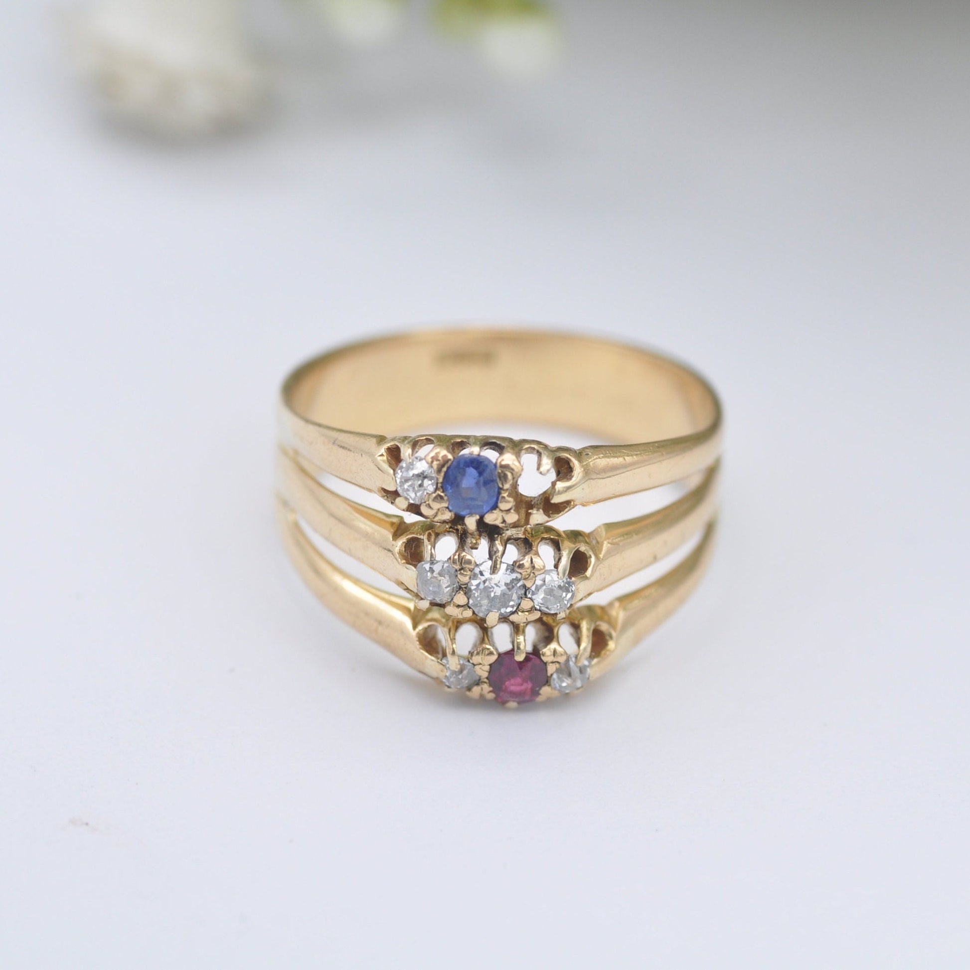 Vintage 18ct Gold Diamond Ruby Sapphire Three Band Stacker Ring - Multi Stone Statement Ring | UK Size - O 1/2 | US Size - 7 1/2