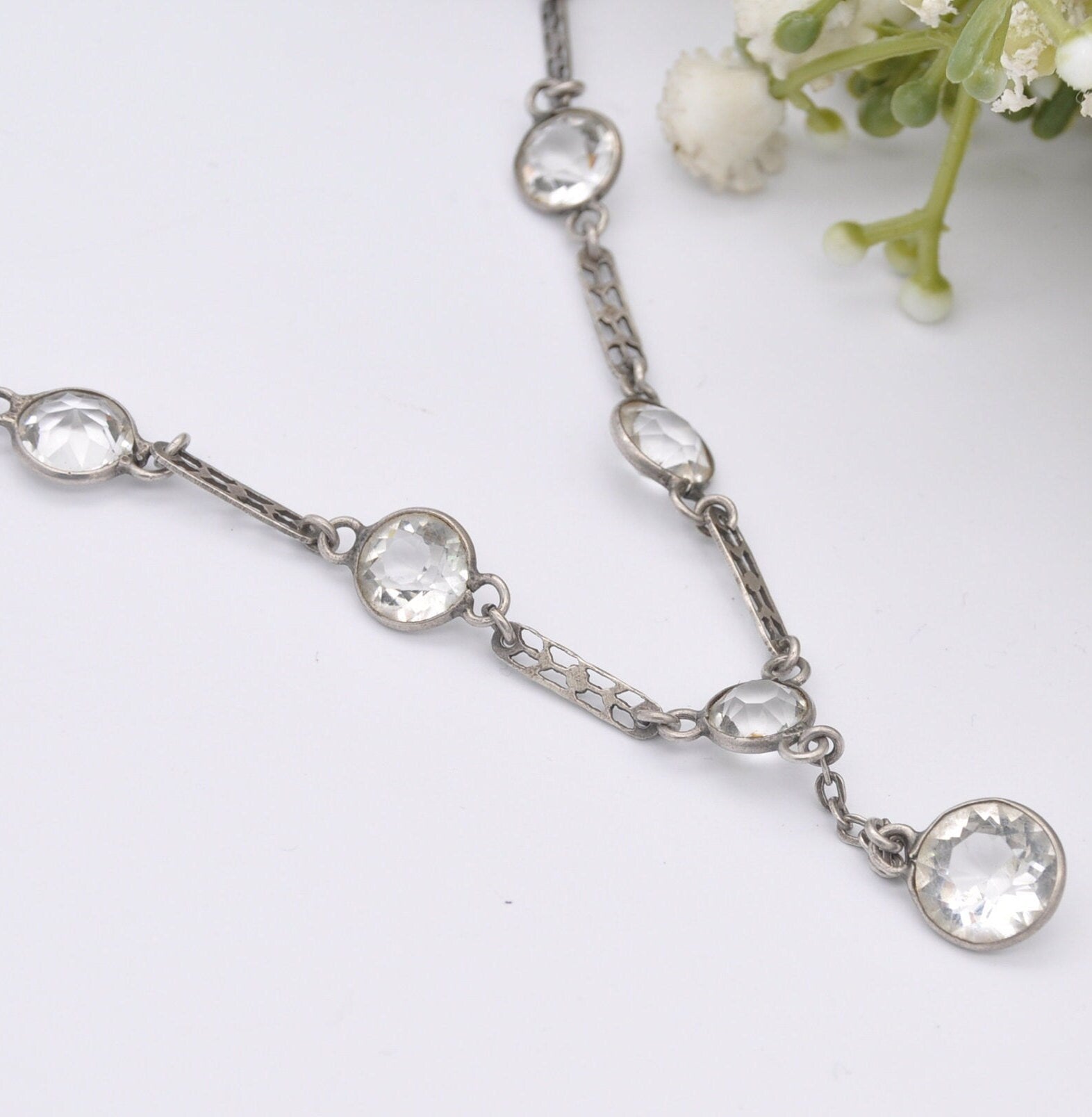 Vintage Art Deco Silver Necklace with Paste - Floral Bar Spacers | Long Drop