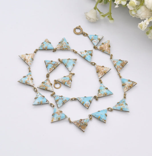 Antique Peking Glass Collar Choker Necklace - Light Blue Gold Glitter | Unusual Kitsch Jewellery | Unusual Triangle Panel Shape | 15" 38.5cm