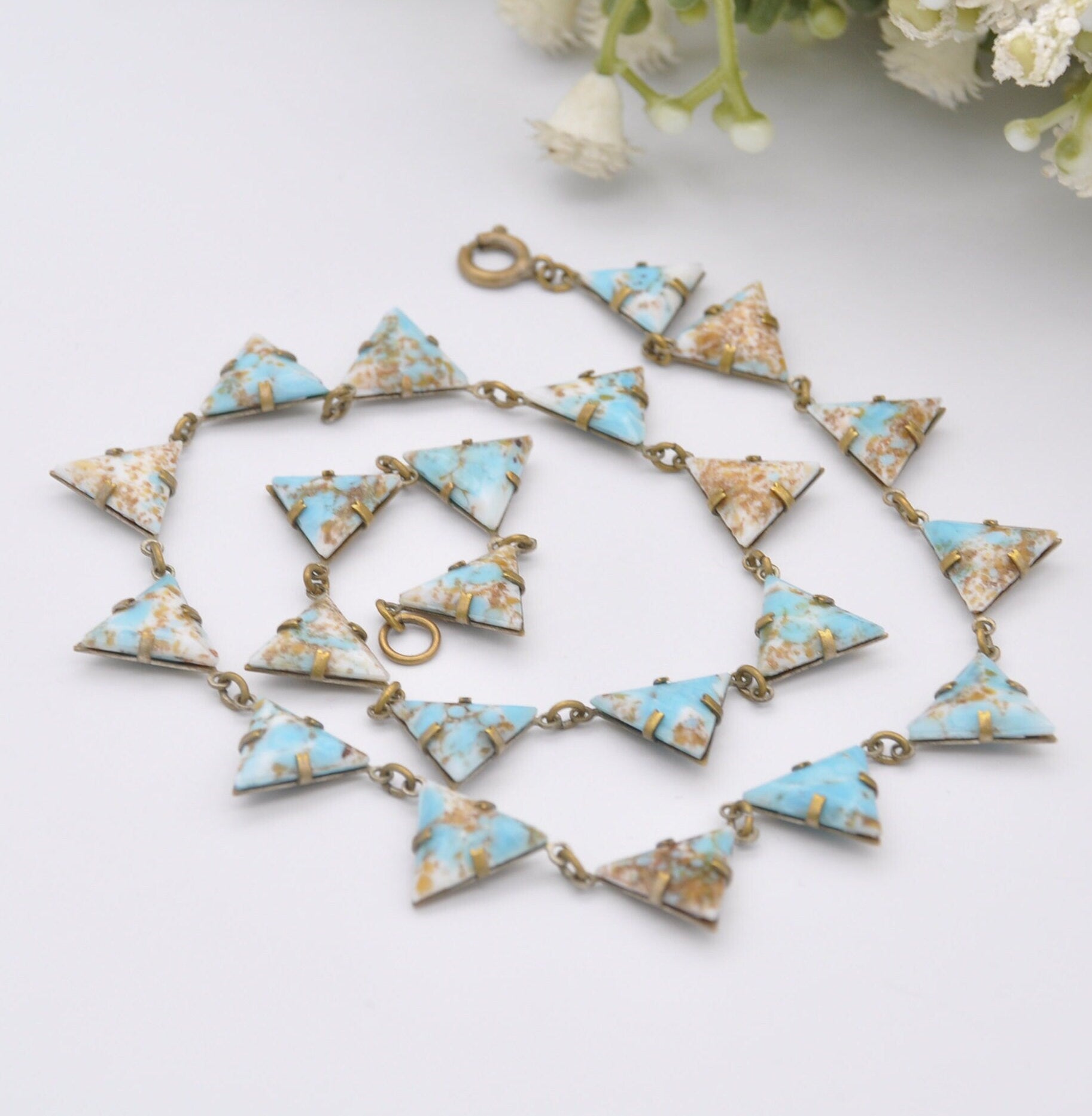 Antique Peking Glass Collar Choker Necklace - Light Blue Gold Glitter | Unusual Kitsch Jewellery | Unusual Triangle Panel Shape | 15" 38.5cm