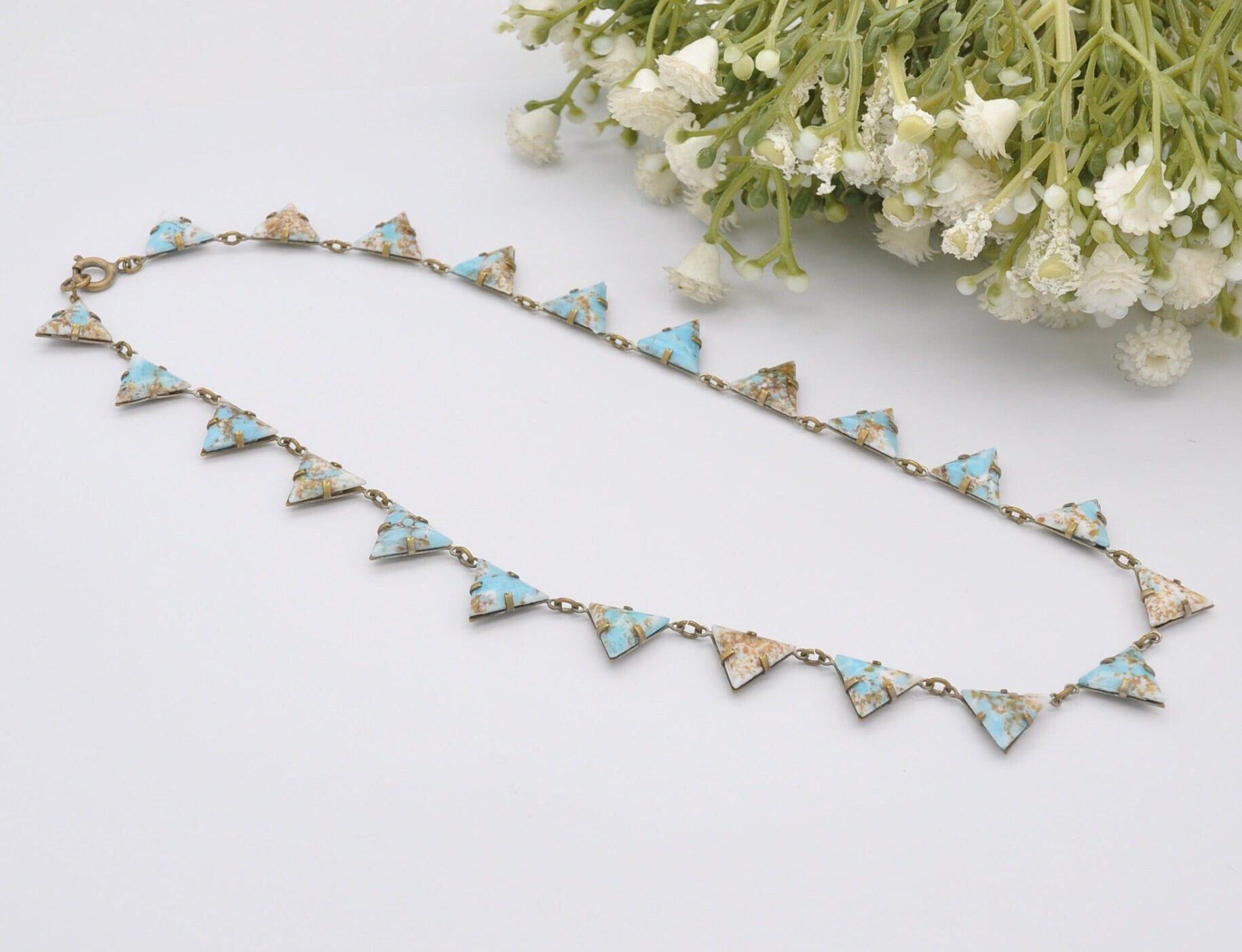 Antique Peking Glass Collar Choker Necklace - Light Blue Gold Glitter | Unusual Kitsch Jewellery | Unusual Triangle Panel Shape | 15" 38.5cm