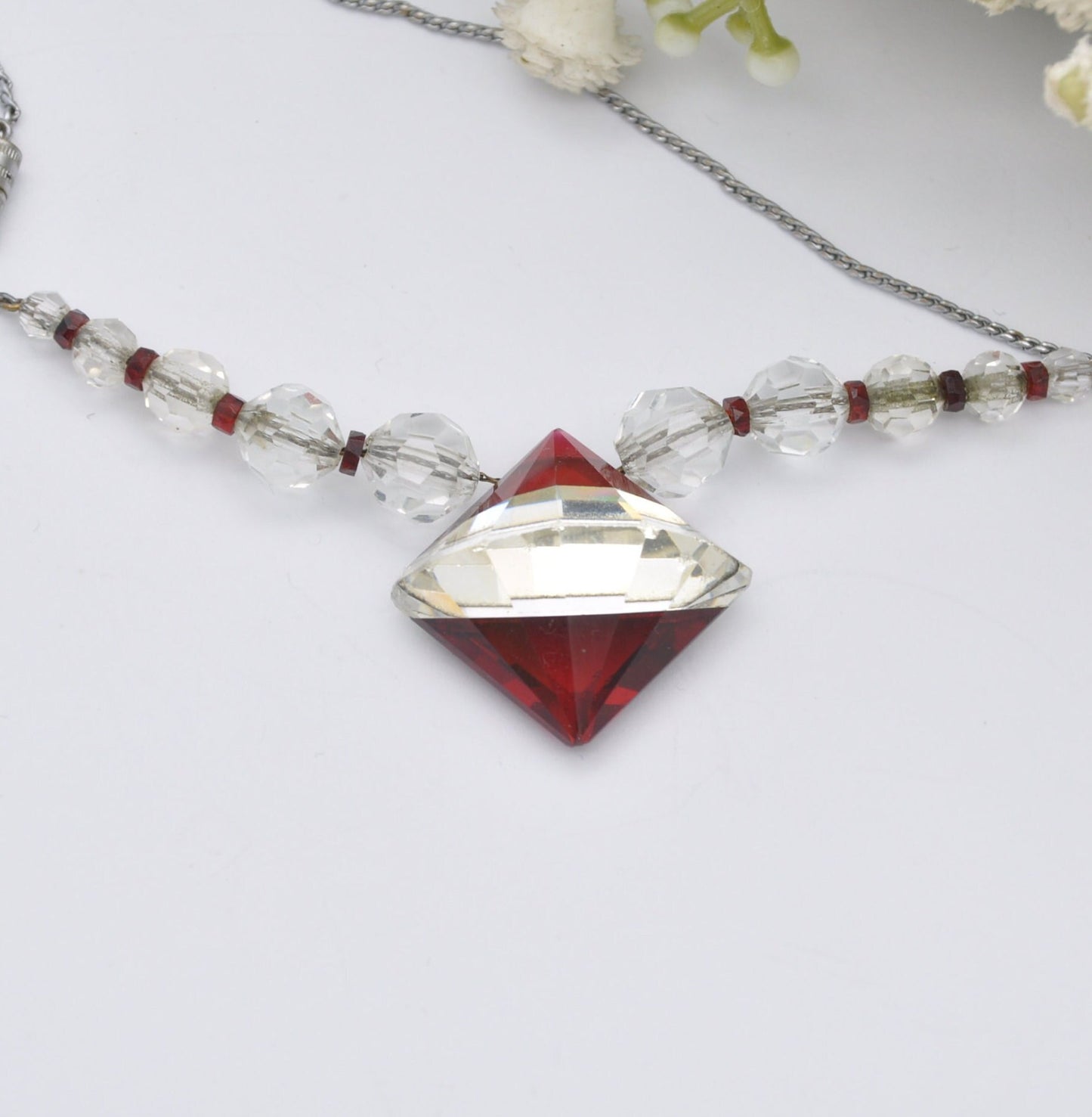 Vintage Art Deco Glass Necklace with Red and Clear Sparkly Glass