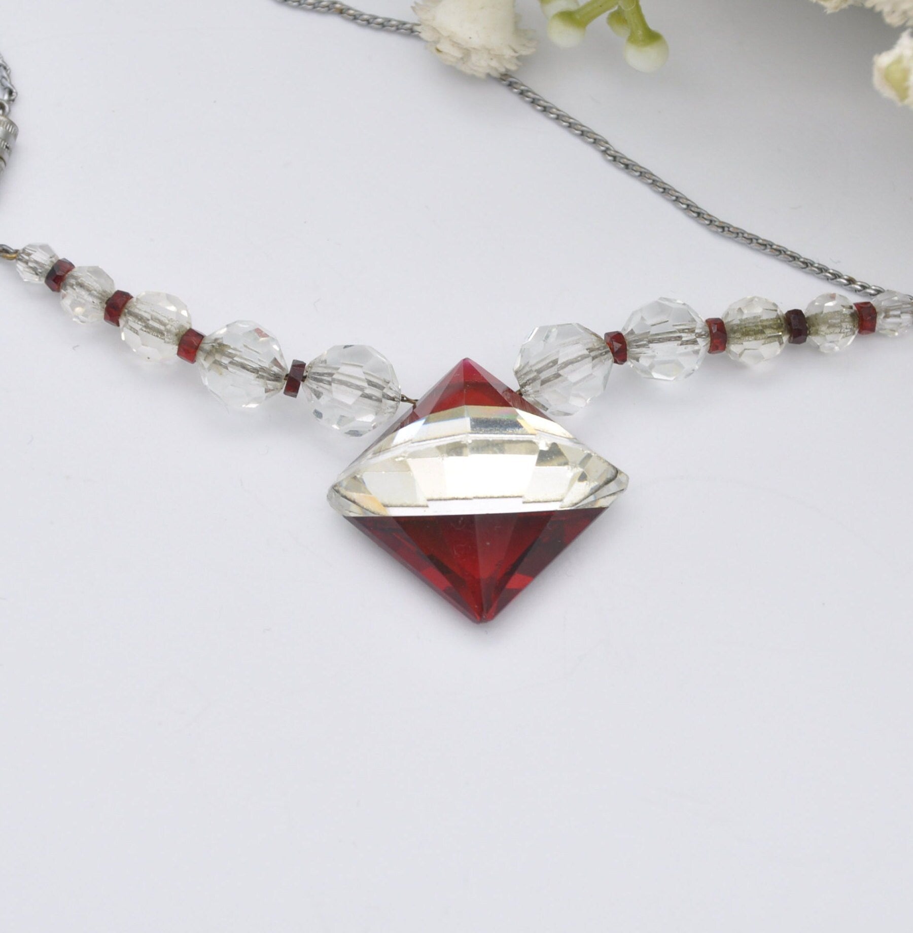 Vintage Art Deco Glass Necklace with Red and Clear Sparkly Glass