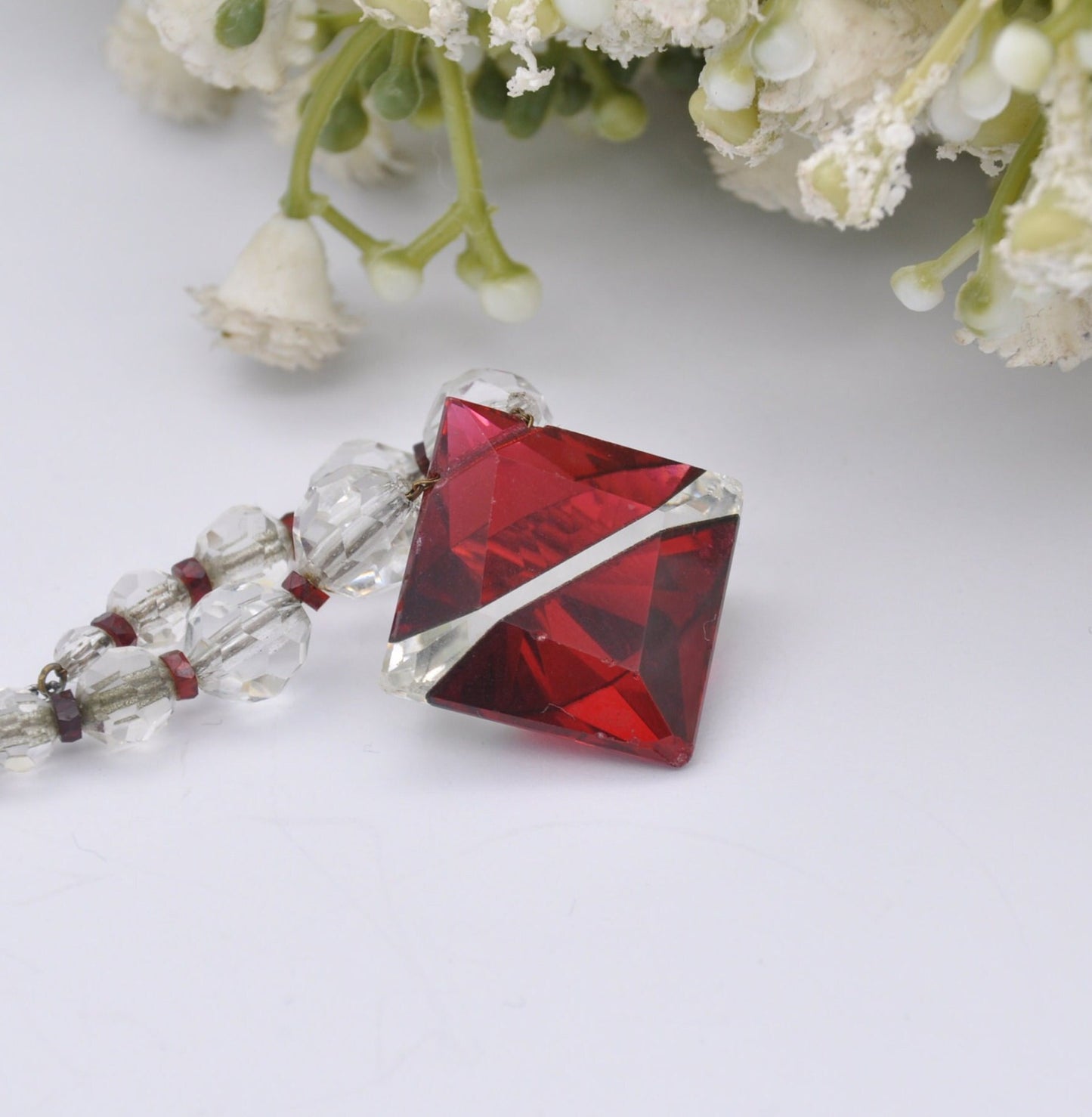 Vintage Art Deco Glass Necklace with Red and Clear Sparkly Glass