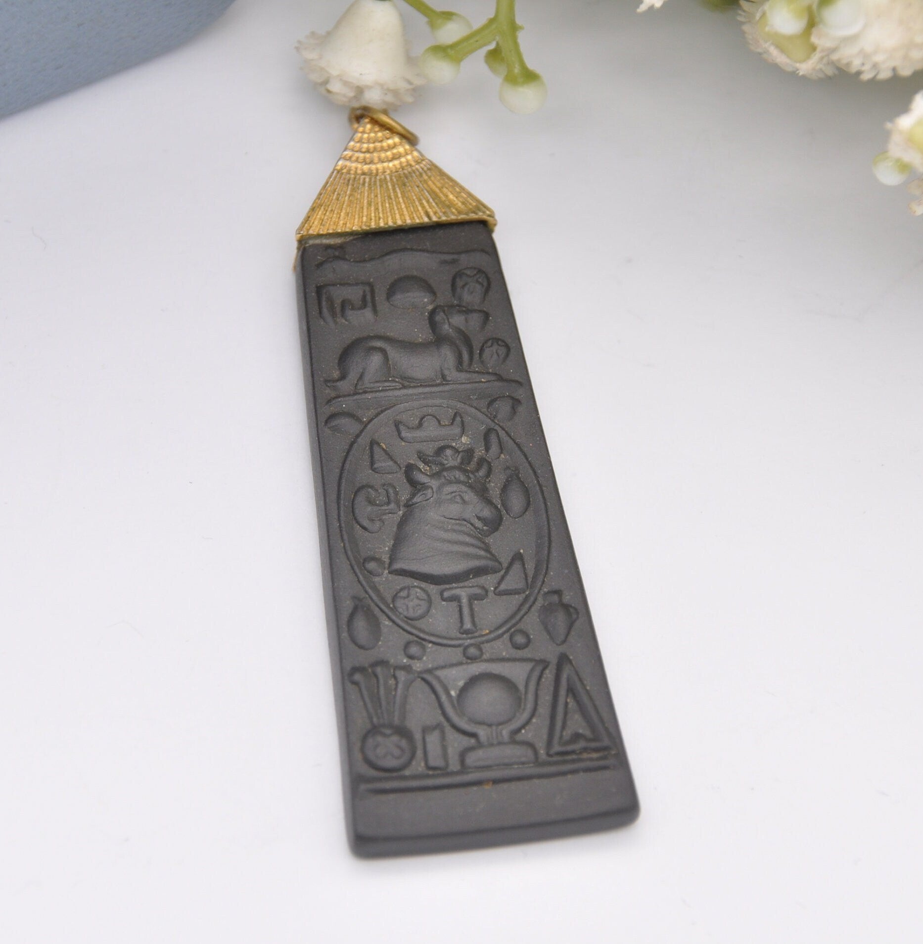 Vintage Wedgwood Egyptian Cartouche Black Jasperware Pendant in Box - Egyptian Hieroglyphics | Apis Bull God