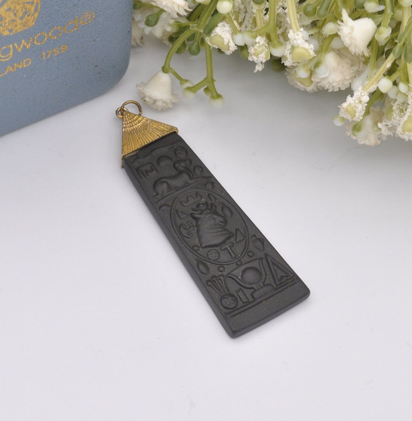 Vintage Wedgwood Egyptian Cartouche Black Jasperware Pendant in Box - Egyptian Hieroglyphics | Apis Bull God