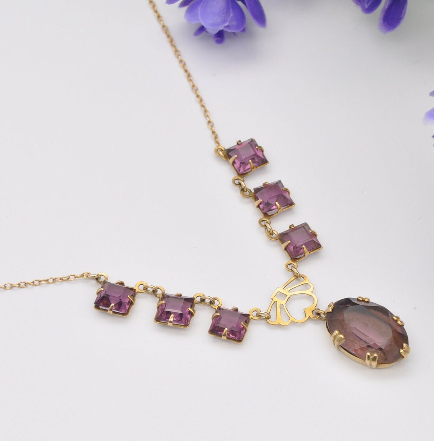 Antique 9ct Gold Necklace with Faceted Amethyst Gemstones - Delicate Early 20th Century Fine Jewellery